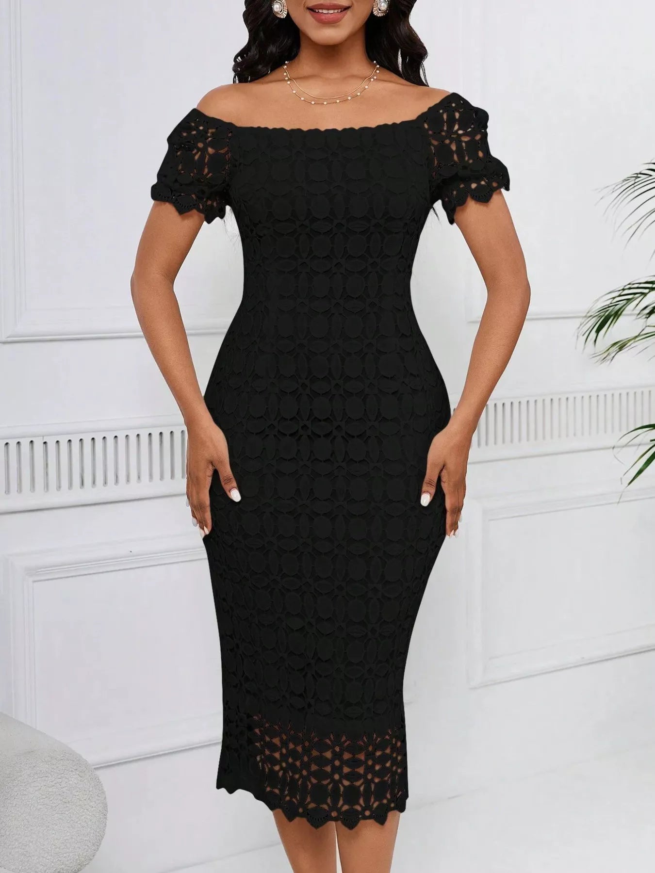 Lace Short Sleeve Midi Dress