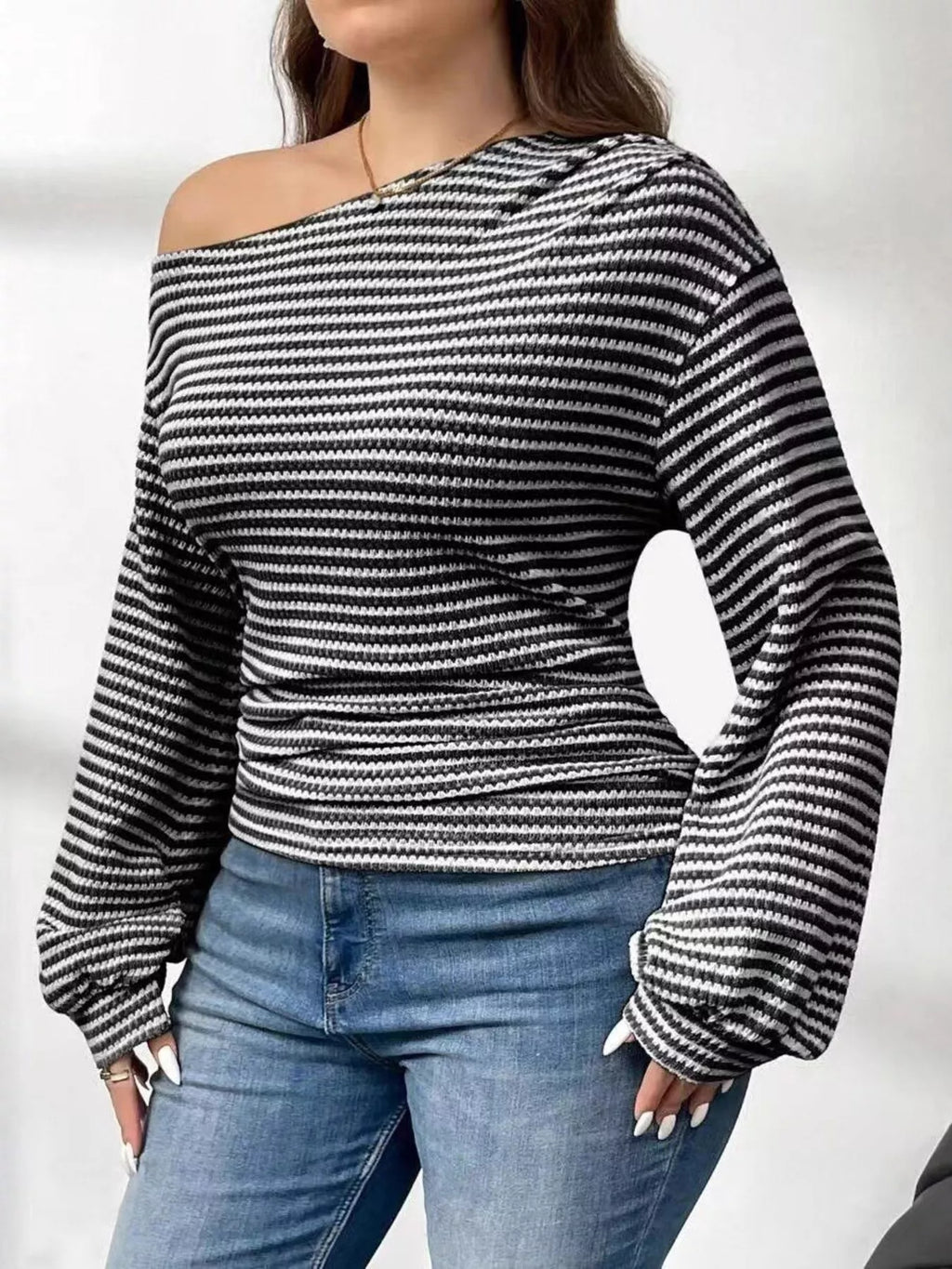 Plus Size Striped One-Shoulder Long Sleeve T-Shirt