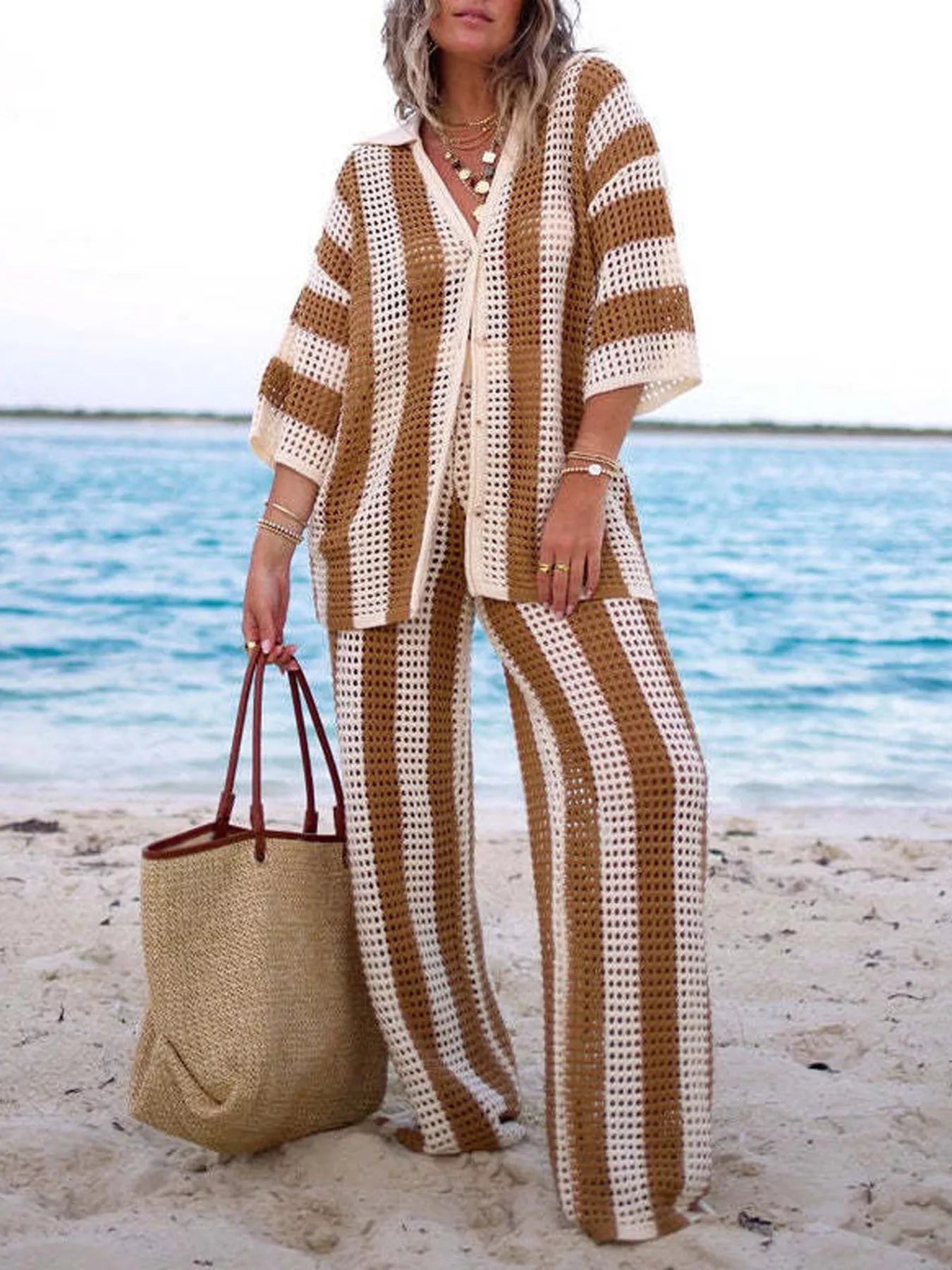 Striped Crochet Knit Shirt and Pants Set