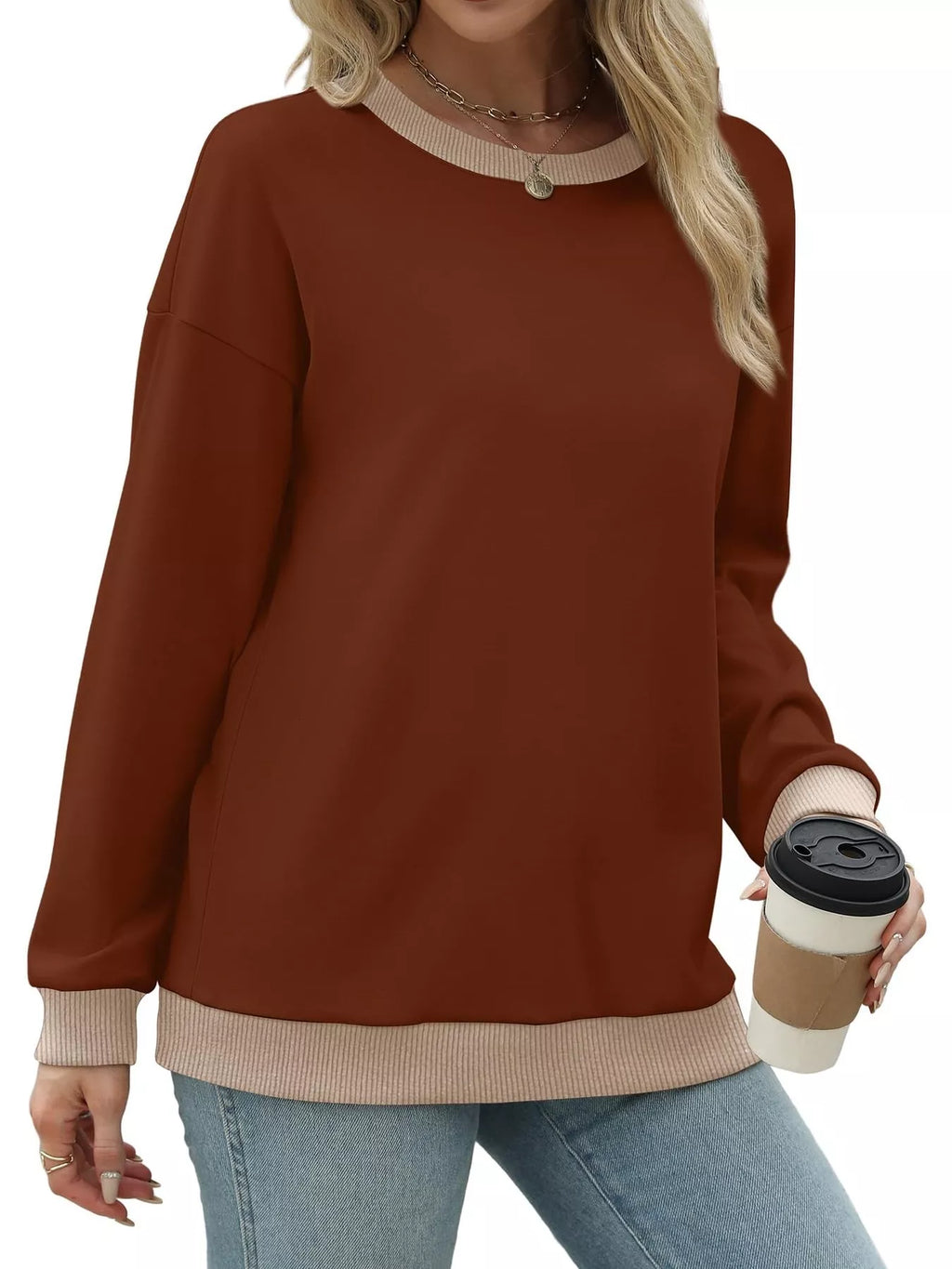 Contrast Trim Crew Neck Casual Sweatshirt