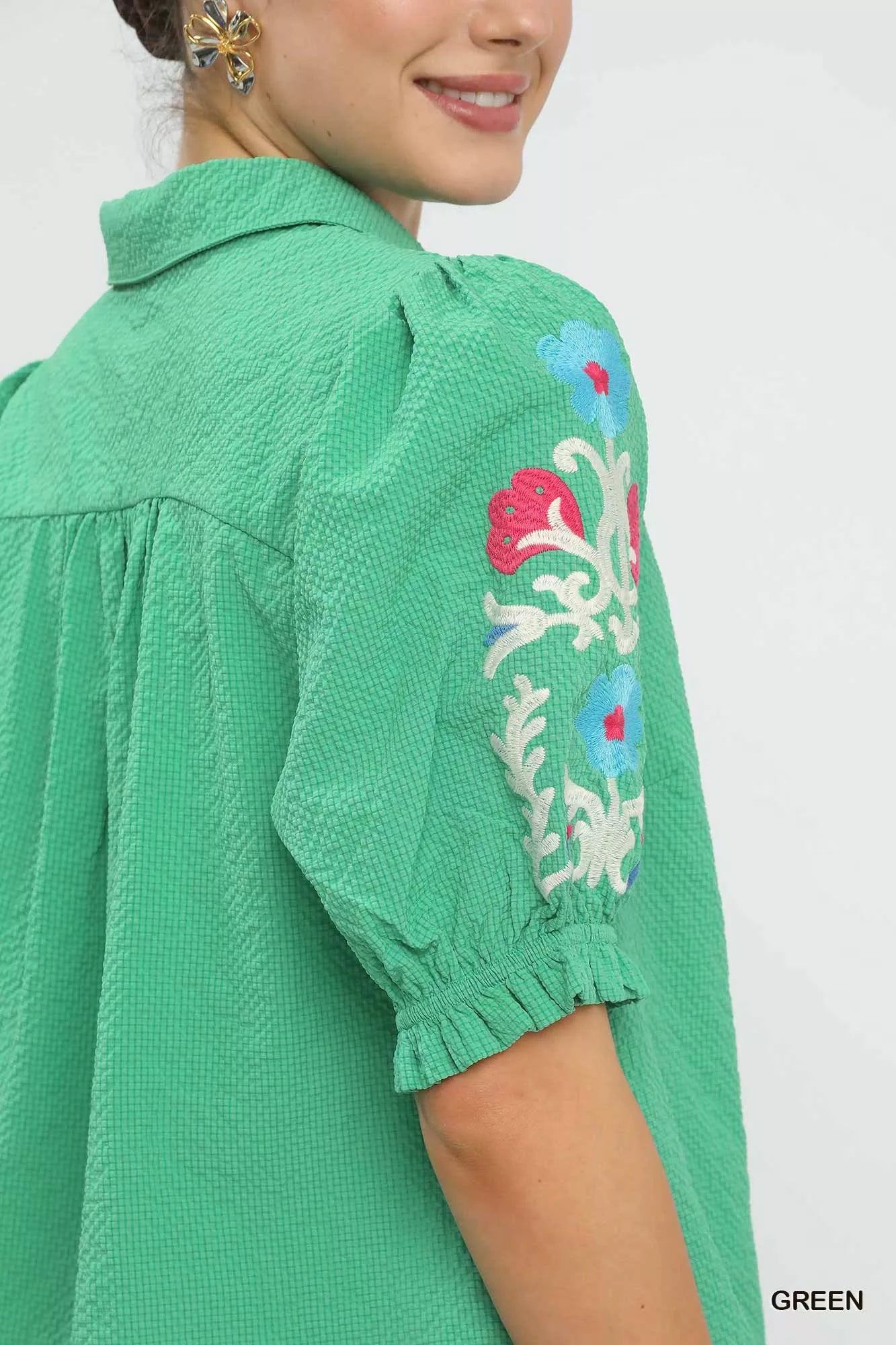 Umgee Seersucker Embroidered Sleeve Blouse