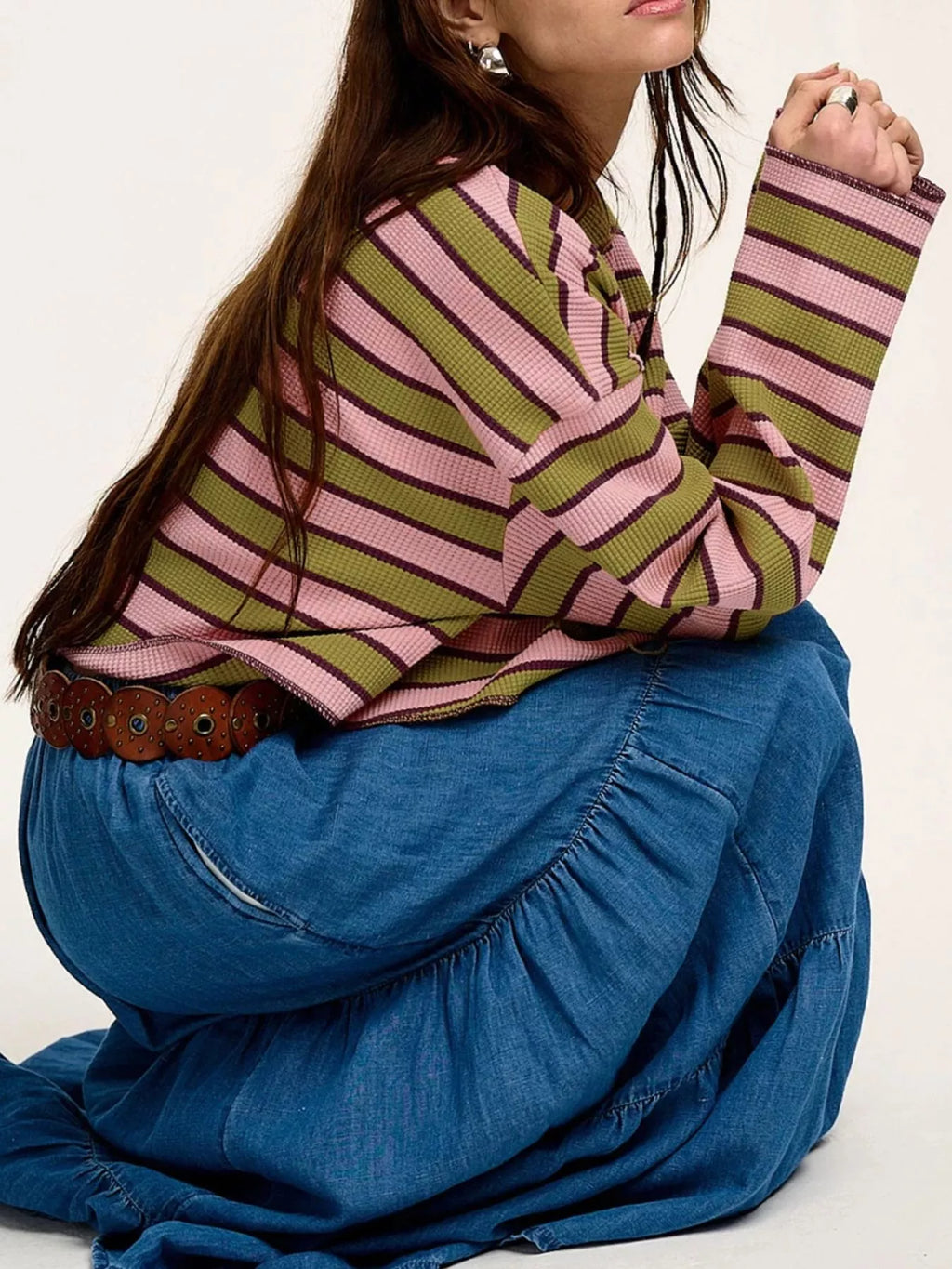 Stripes Waffle Texture Notched Neck Long Sleeve Top