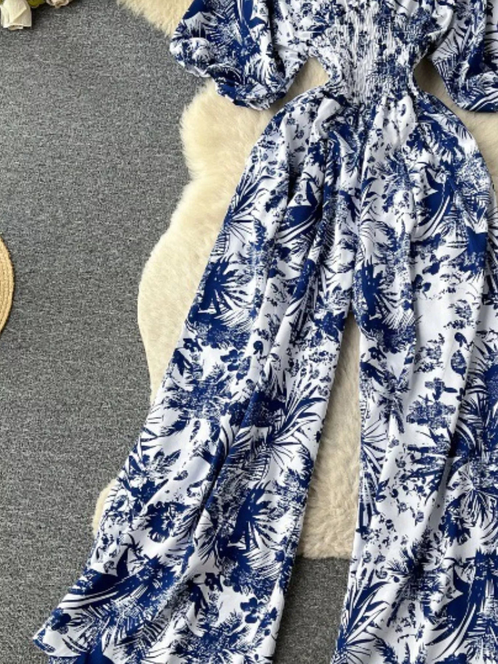 Smocked V-Neck Wide Leg Jumpsuit