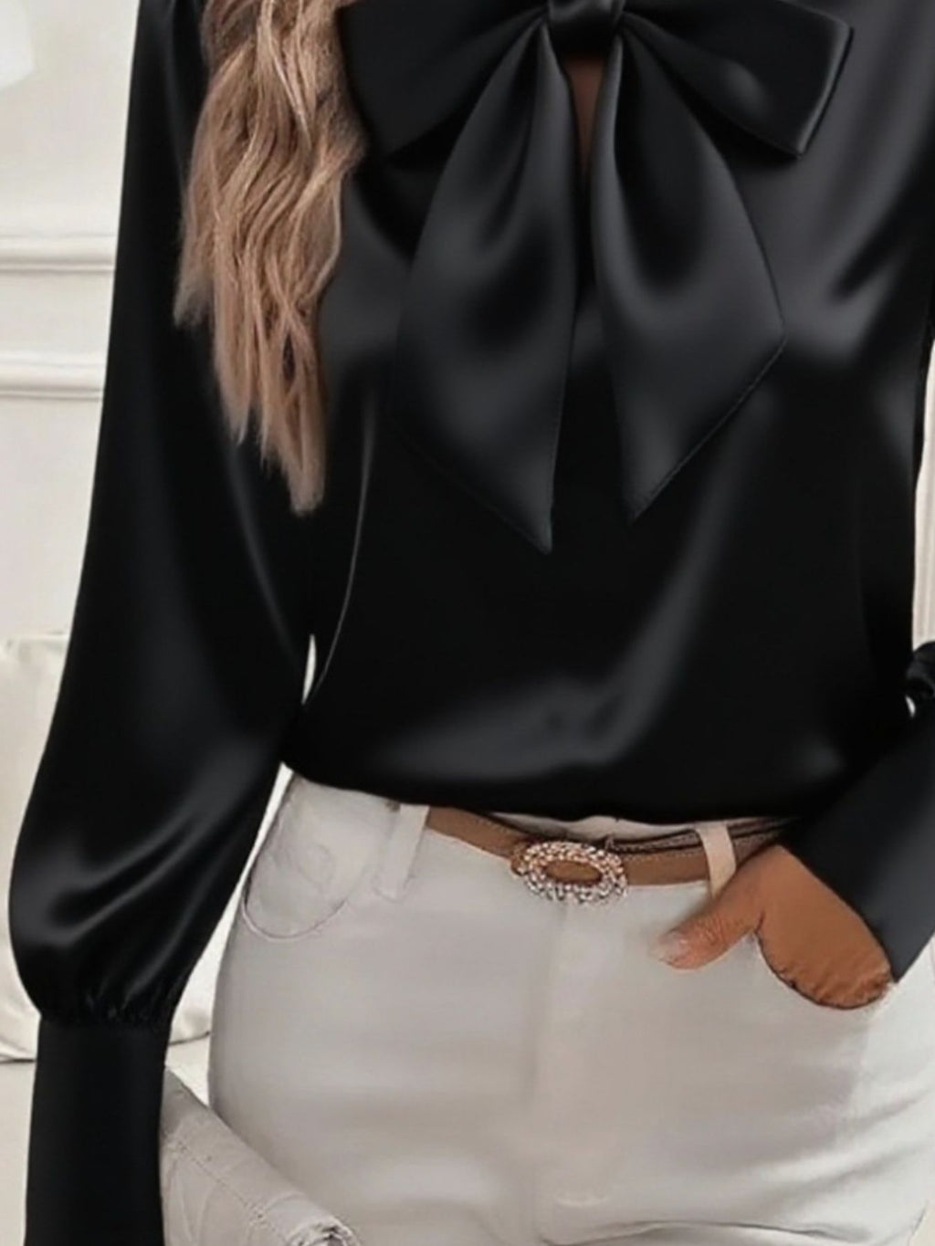Satin Bow Tie Long Sleeve Top