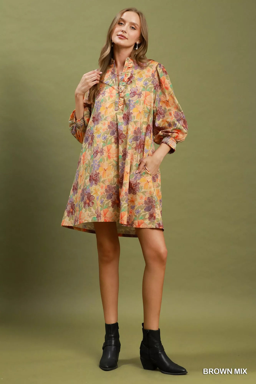 Umgee Mix Floral Print Smocked Cuff Mini Dress