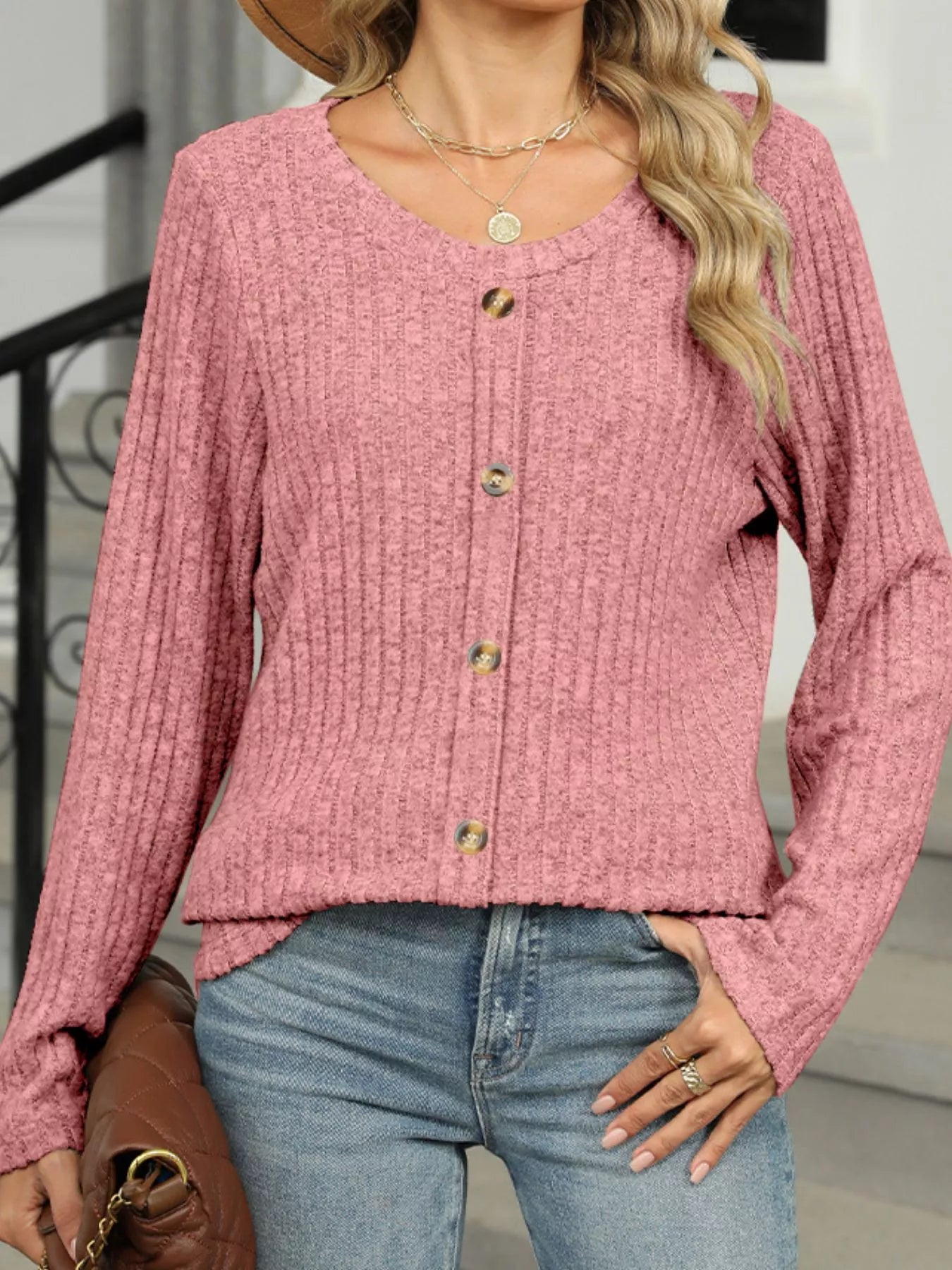 Ribbed Round Neck Long Sleeve Top
