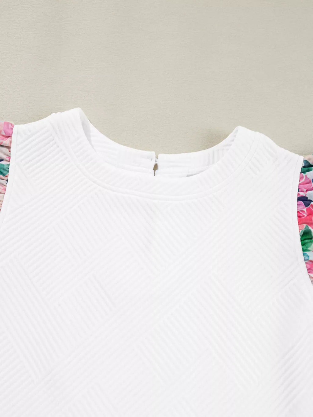 Abstract Print Tiered Ruffled Sleeve Textured Knit Top