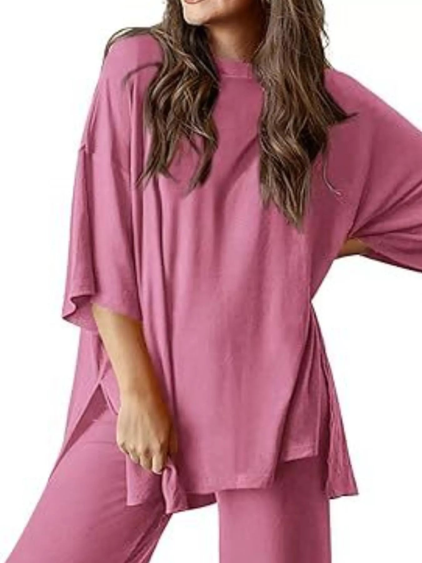 Slit Round Neck Top and Pants Set