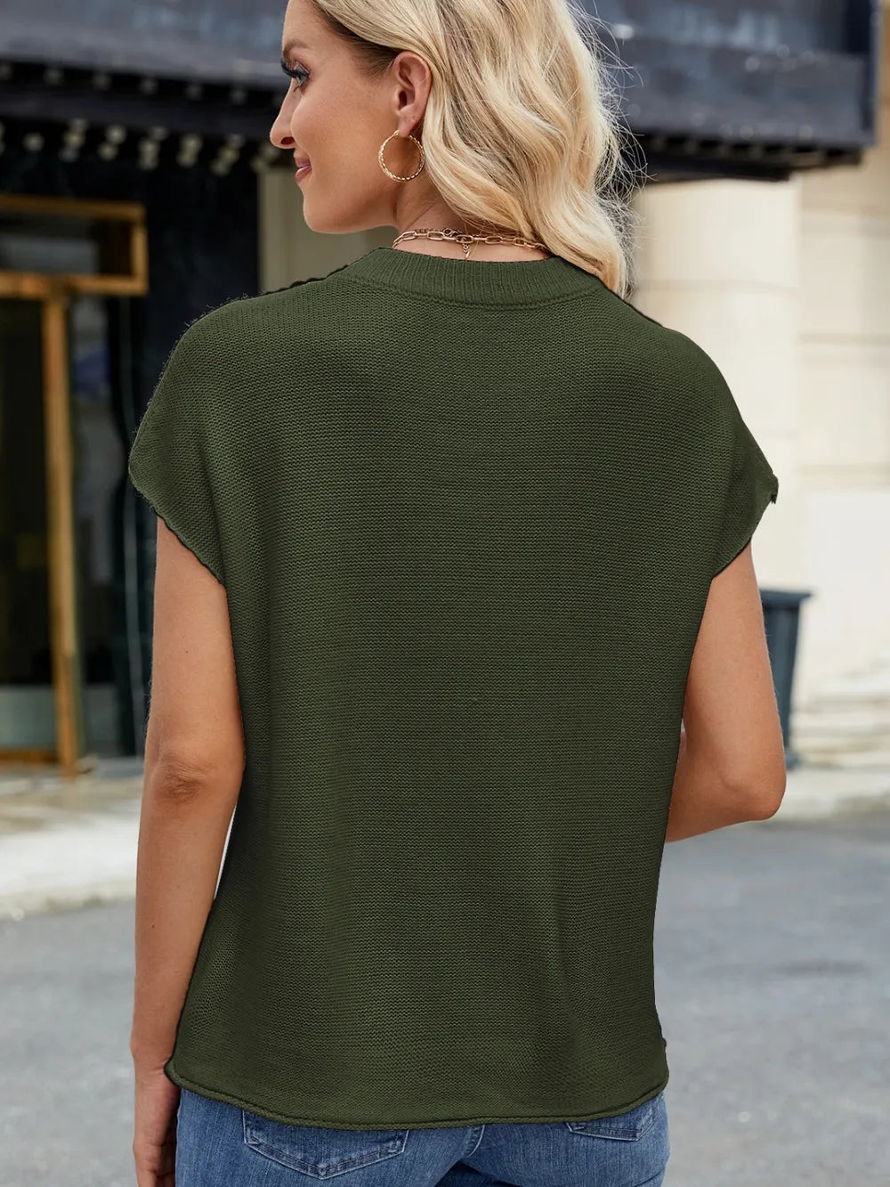Exposed Seam Round Neck Short Sleeve Sweater