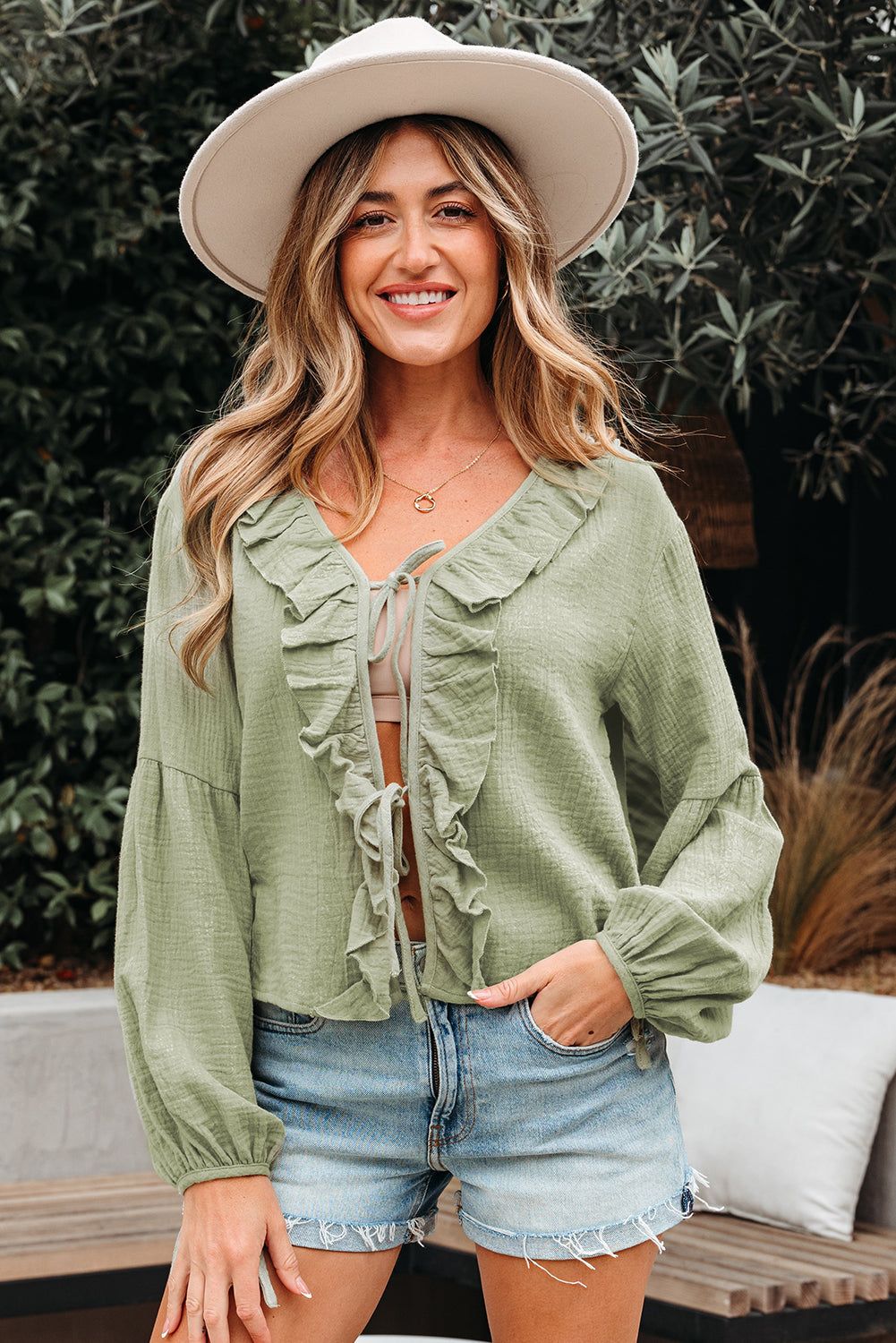Solid Tie Front V-Neck Ruffle Trim Blouse