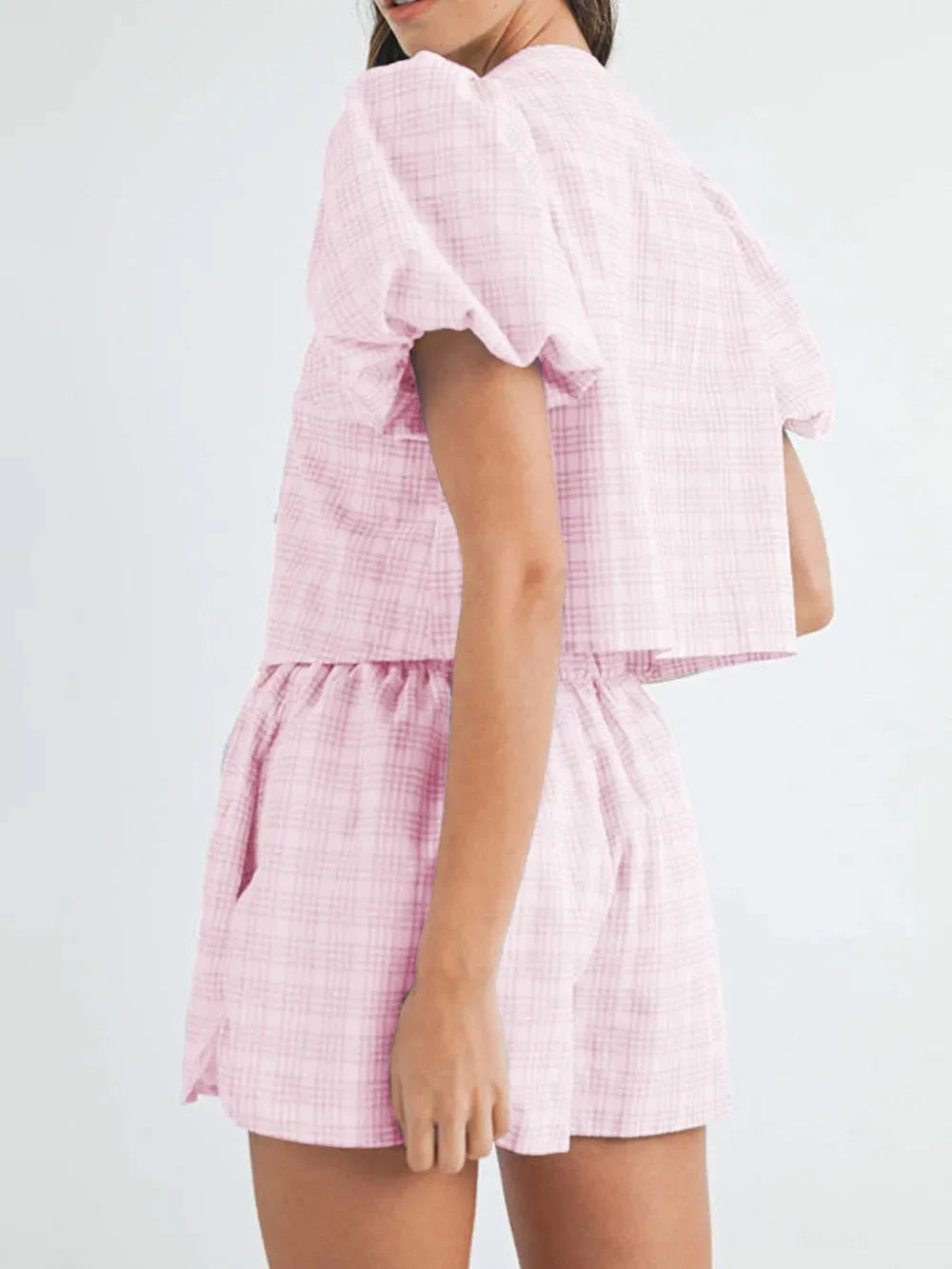 V-Neck Puff Sleeve Top and Shorts Set