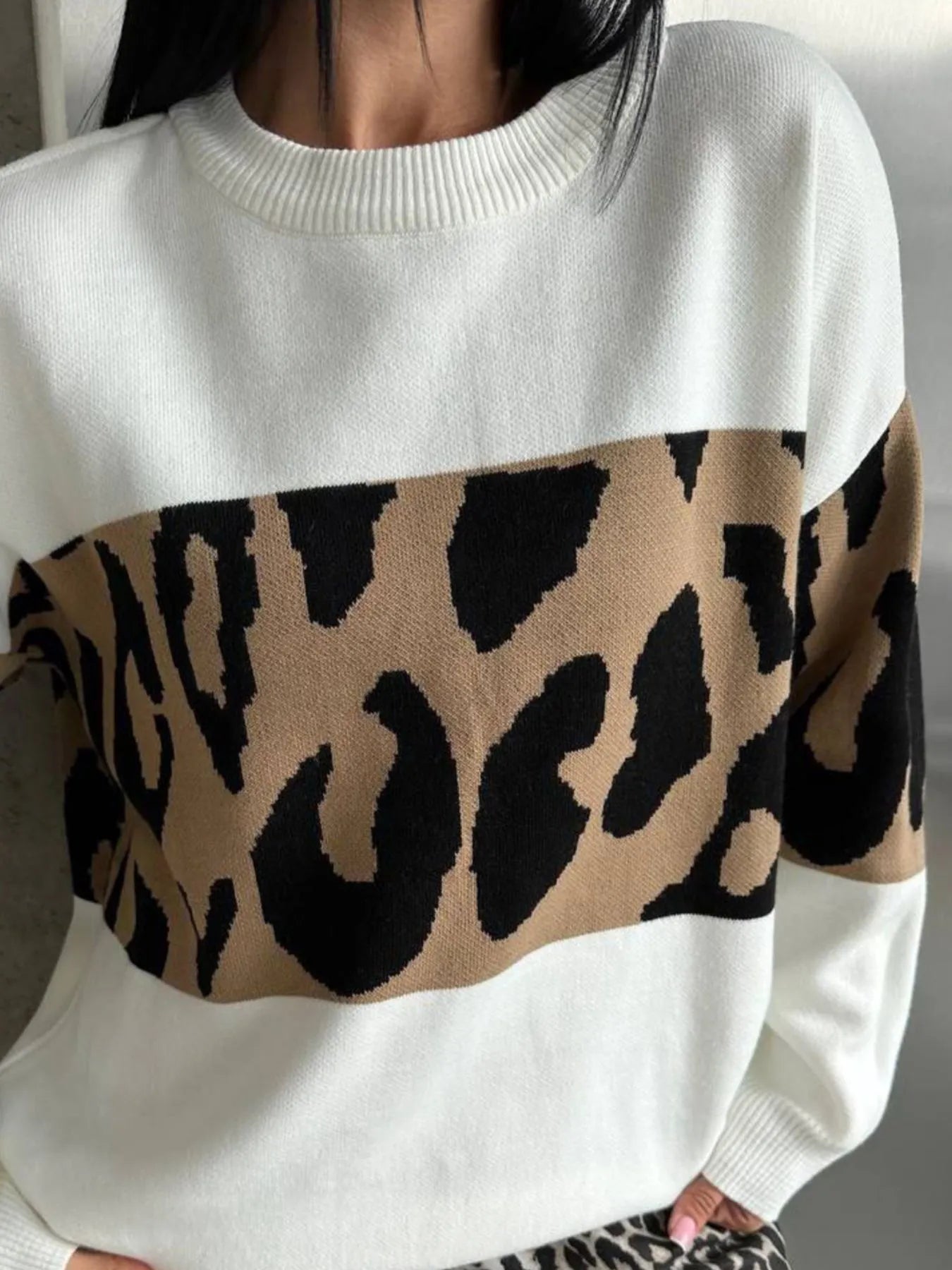 Leopard Color Block Round Neck Sweater