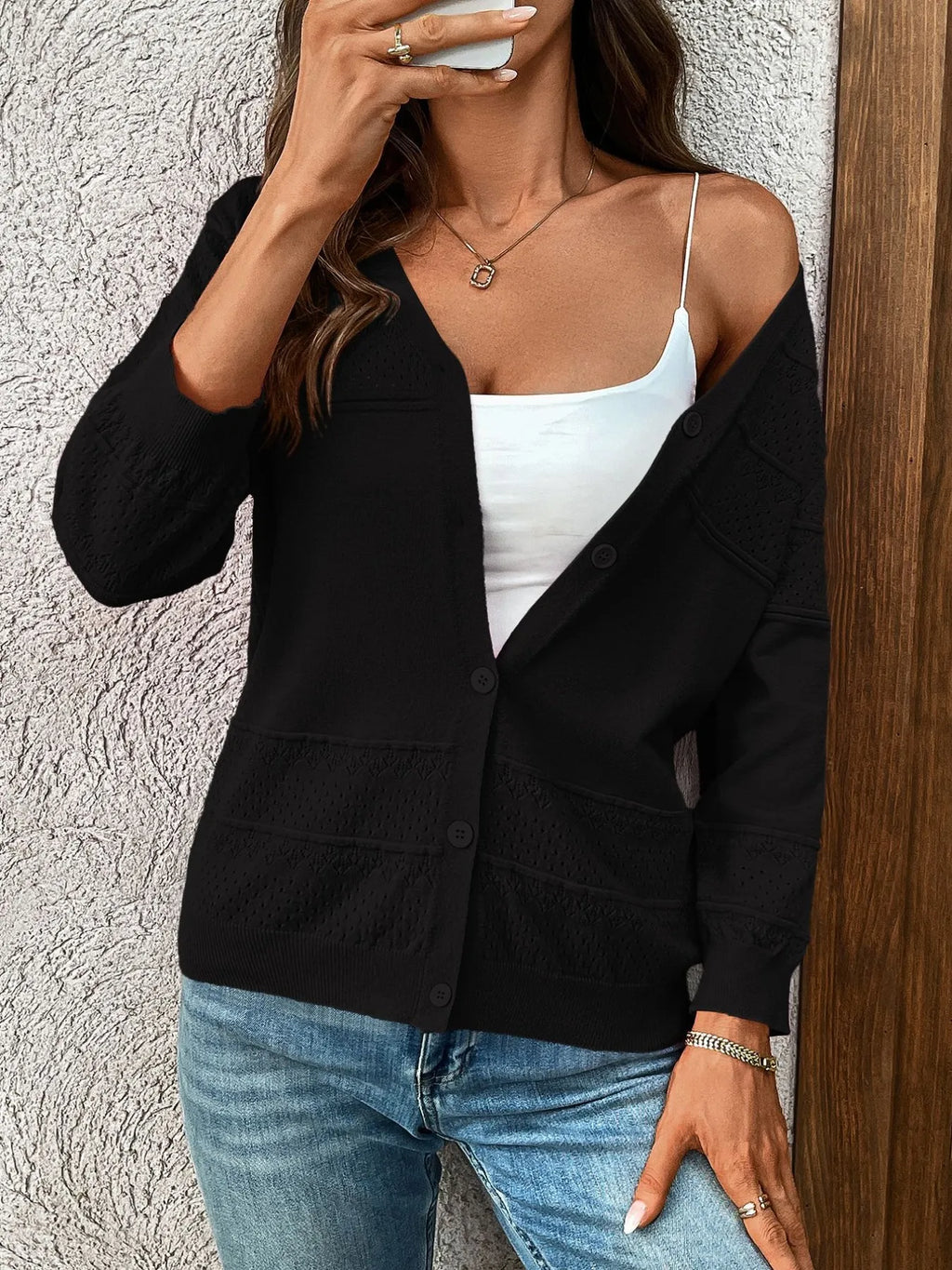 Textured Button-Front Cardigan with 3/4 Sleeves
