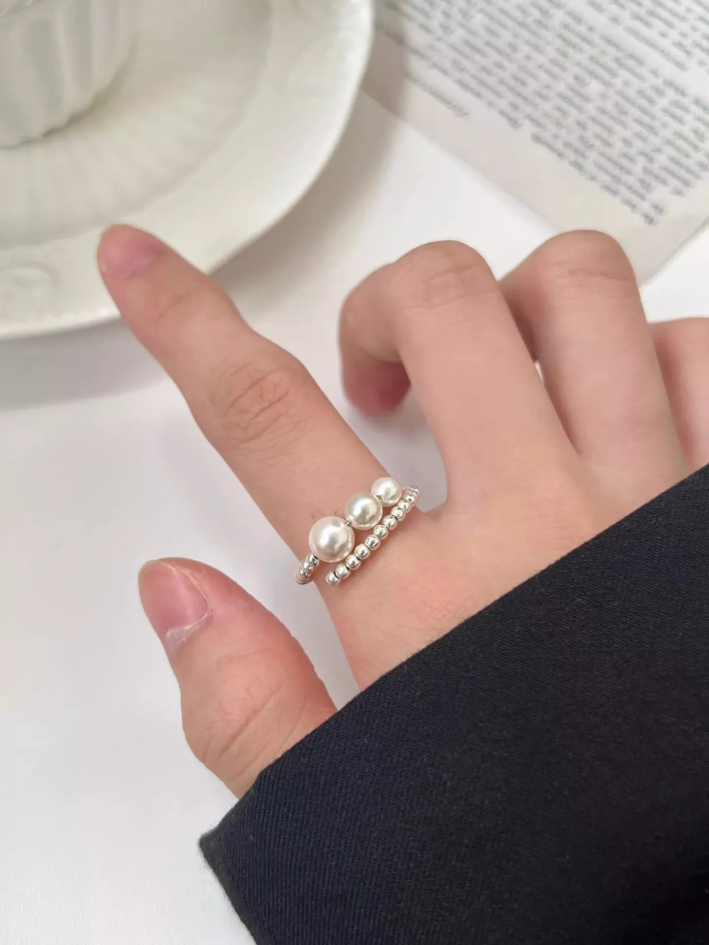 Triple Pearl Beaded Bypass Ring