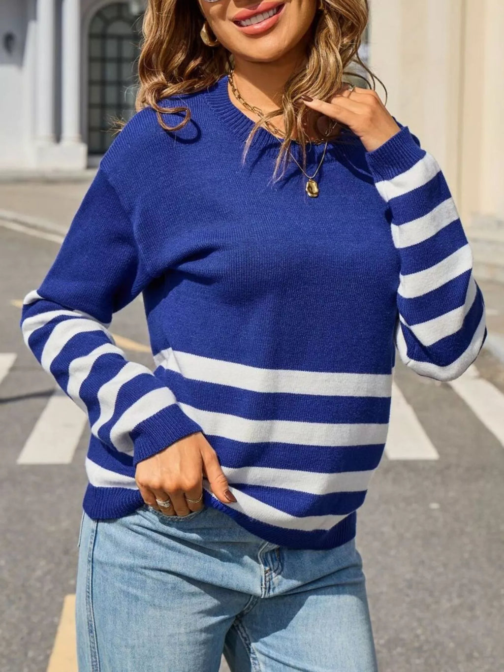 Striped Trim Crew Neck Sweater