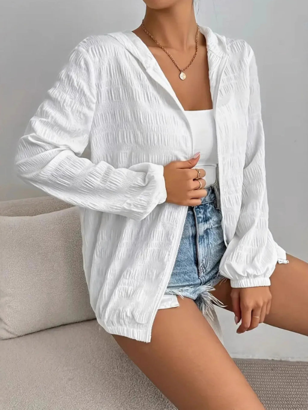 Zip Up Long Sleeve Hooded Outerwear