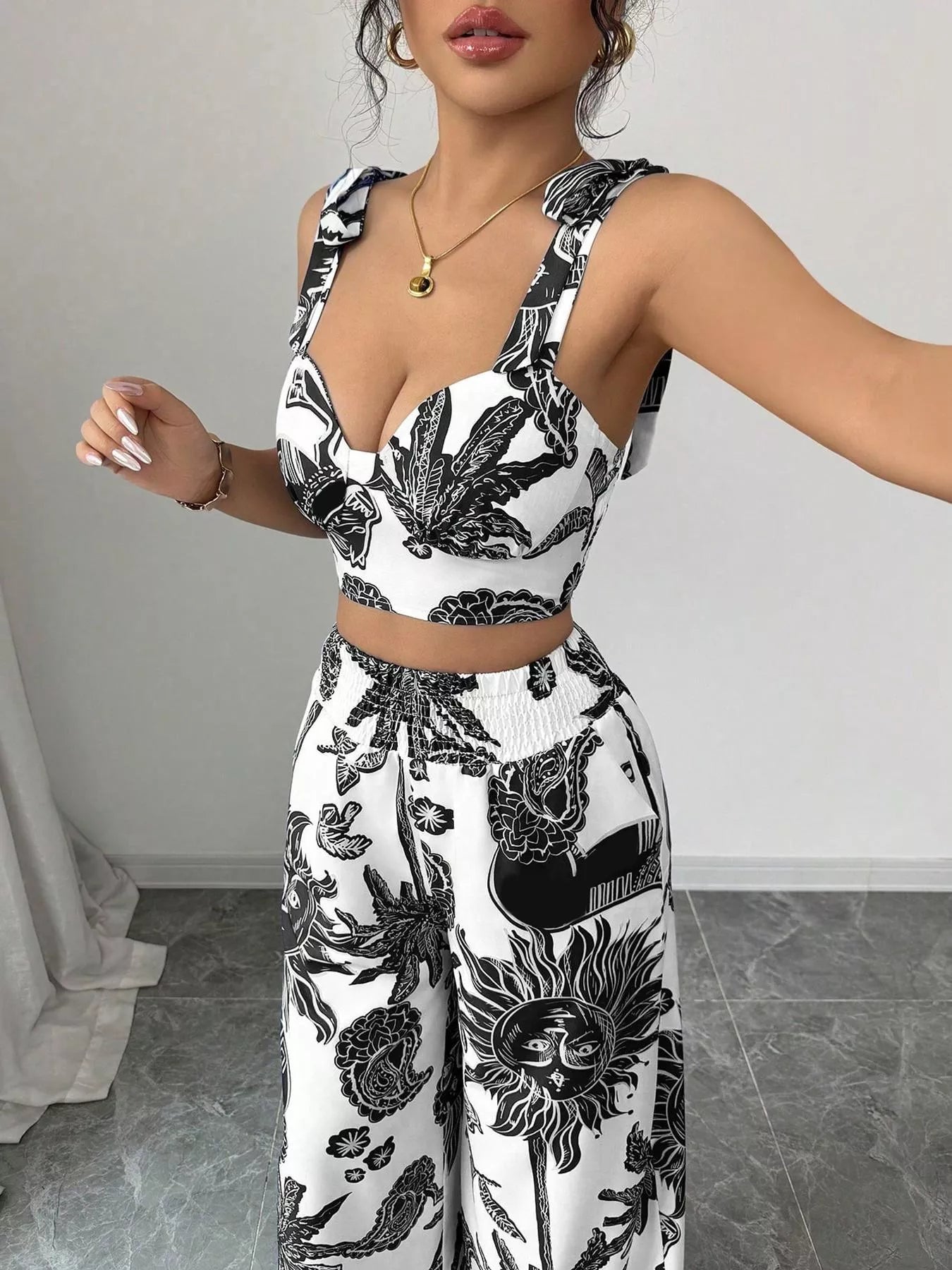 Floral Print Crop Top and Wide Leg Pants Set