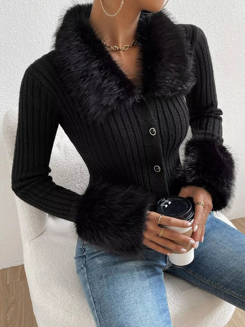 Faux Fur Trim Ribbed Knit Cropped Cardigan