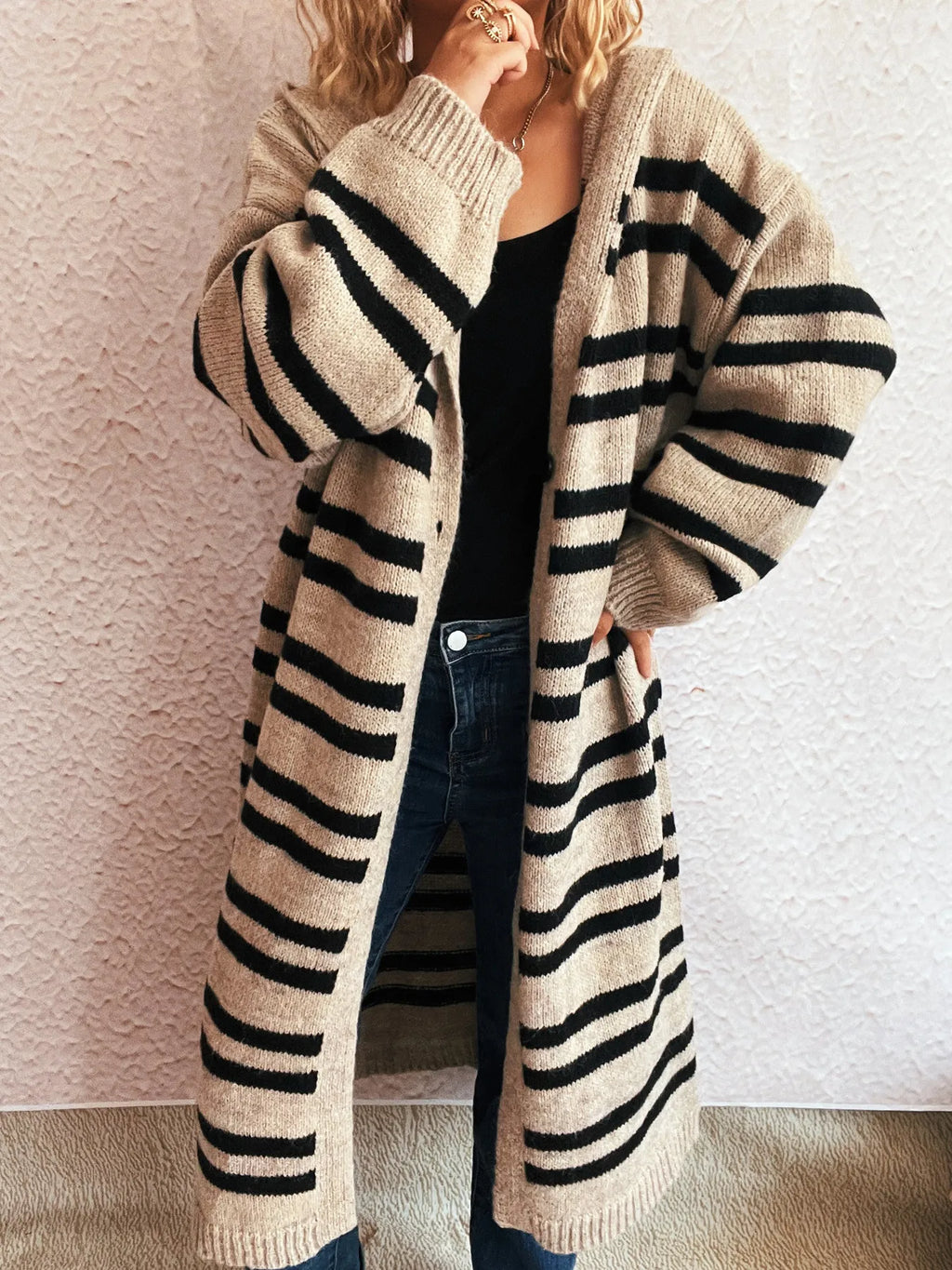 Striped Open Front Hooded Cardigan