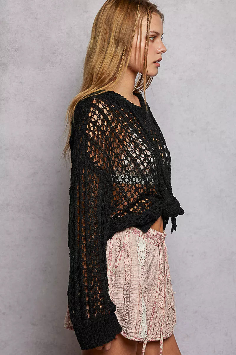 POL Openwork Round Neck High Low Knit Top
