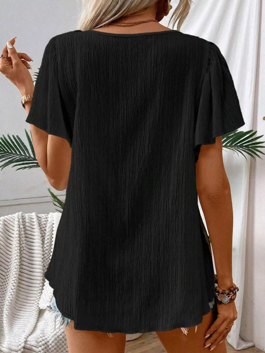 Embroidered Square Neck Flutter Sleeve Blouse