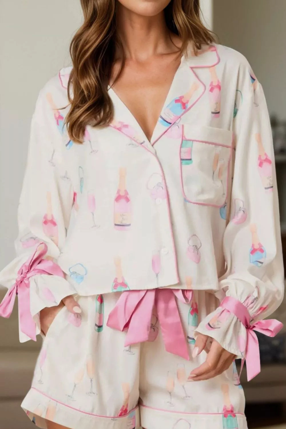 Bow Printed Collared Neck Top and Drawstring Shorts Lounge Set