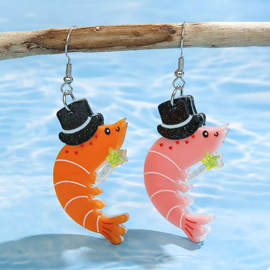 Whimsical Shrimp Earrings with Top Hats