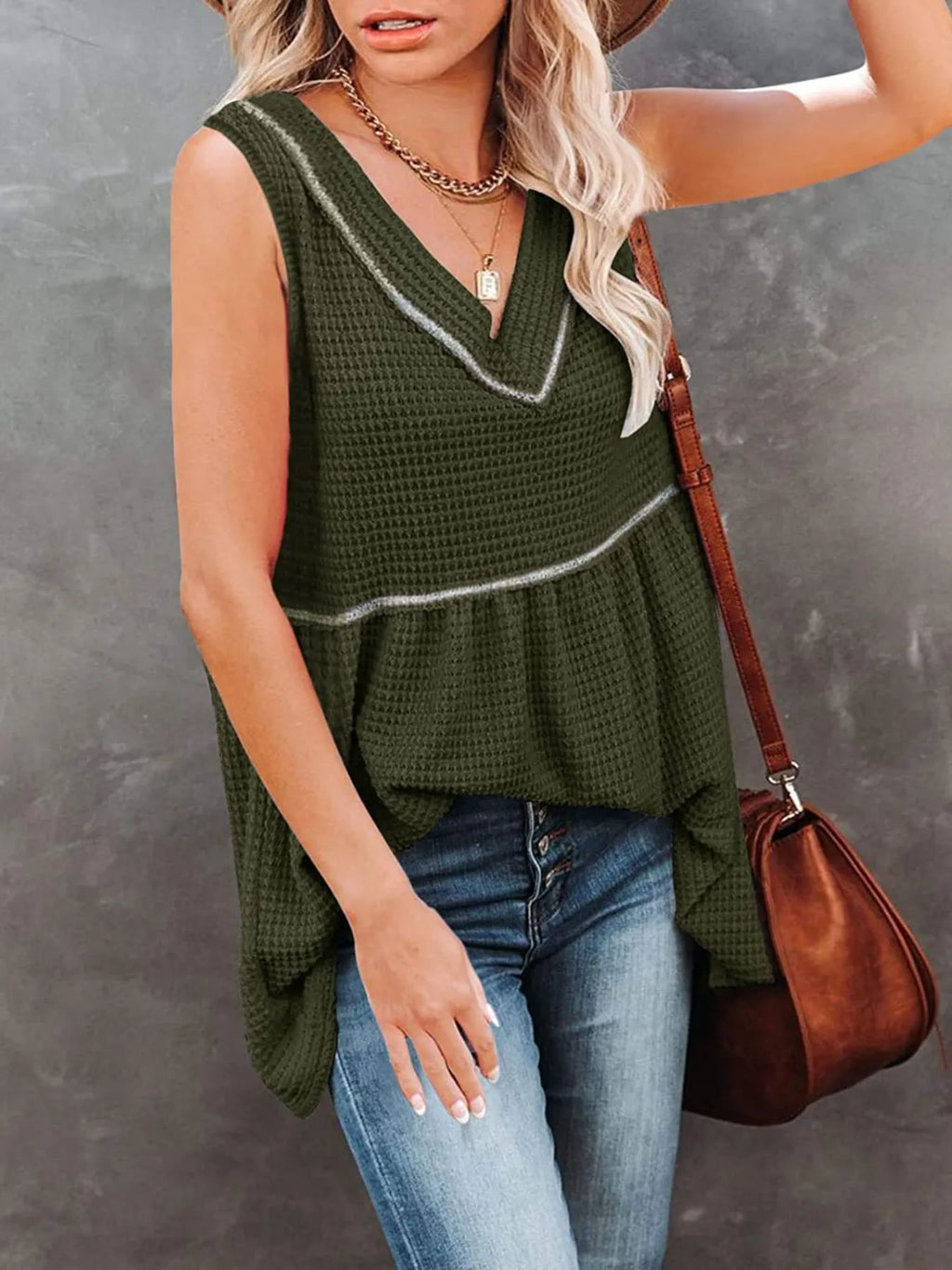 V-Neck Waffle Knit Tank Top with Contrast Stitching