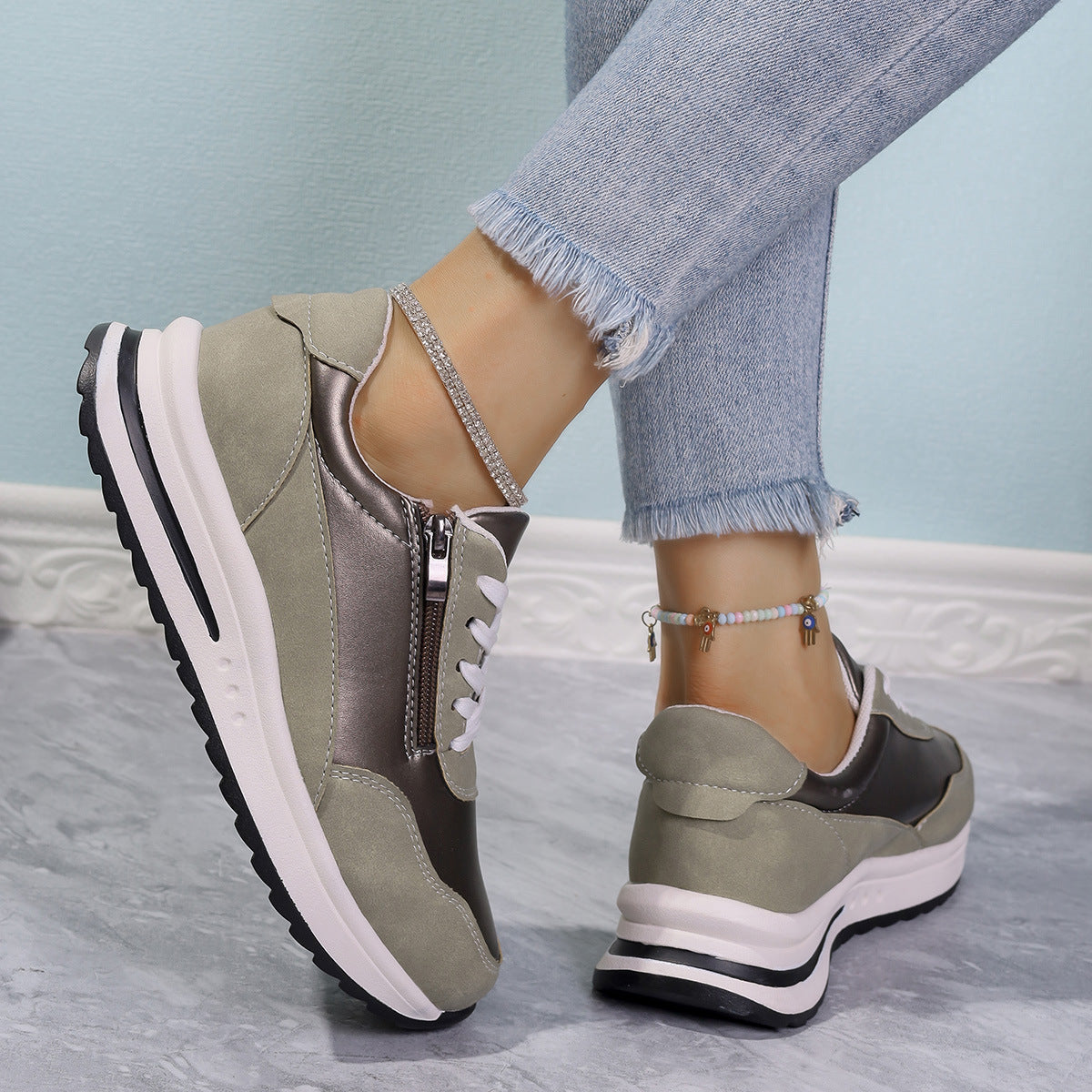 Zipper Detail Lace Up Sneakers