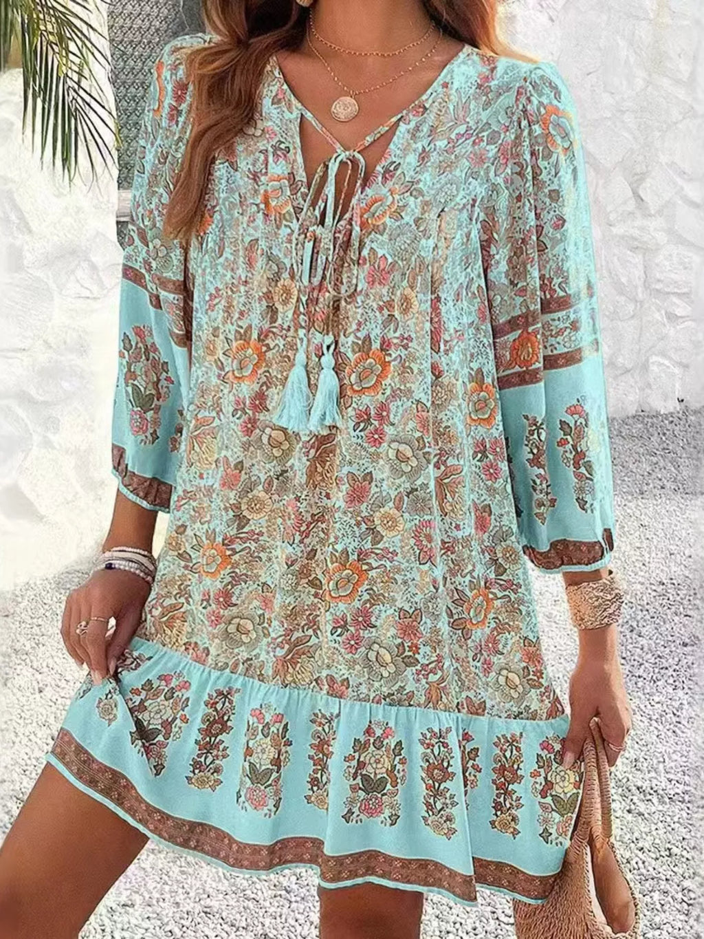 Floral Print Tassel Tie Neck Mini Dress