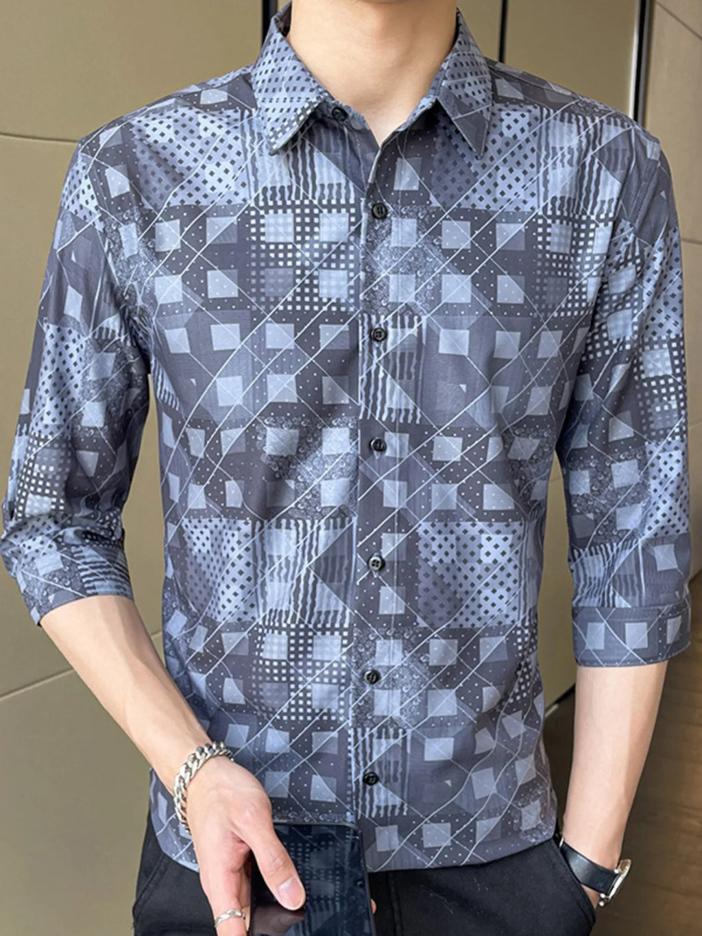 Men's Plus Size Geometric Print Slim Fit Casual Shirt