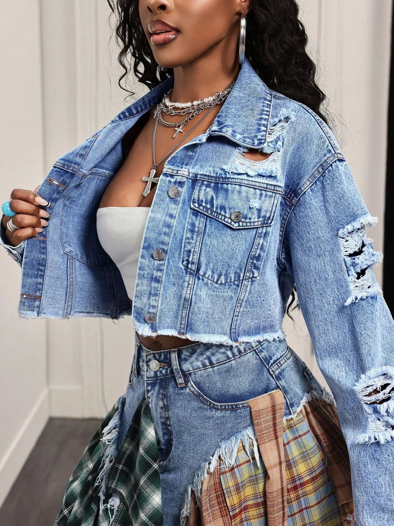 Distressed Cropped Denim Jacket