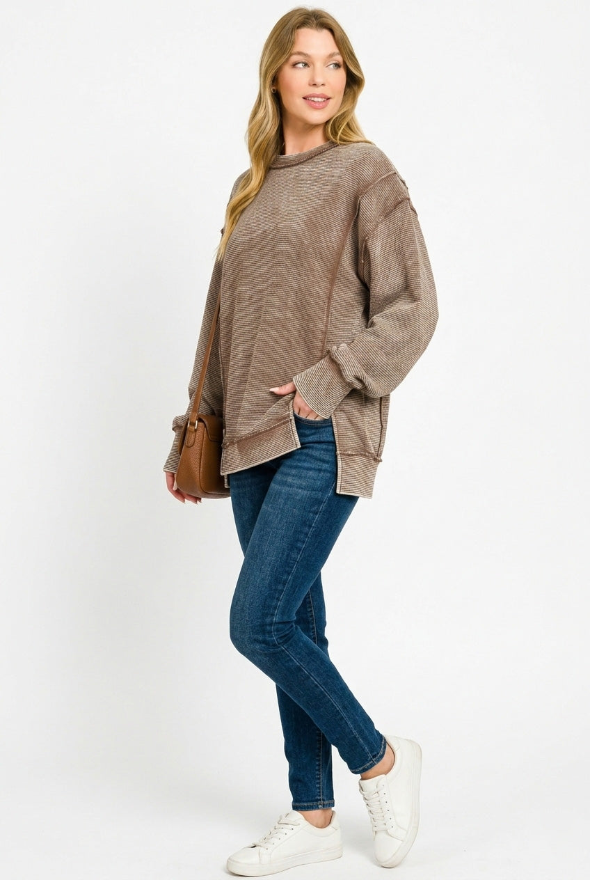 Zenana Acid Washed Double Ribbed Exposed-Seam Sweatshirt