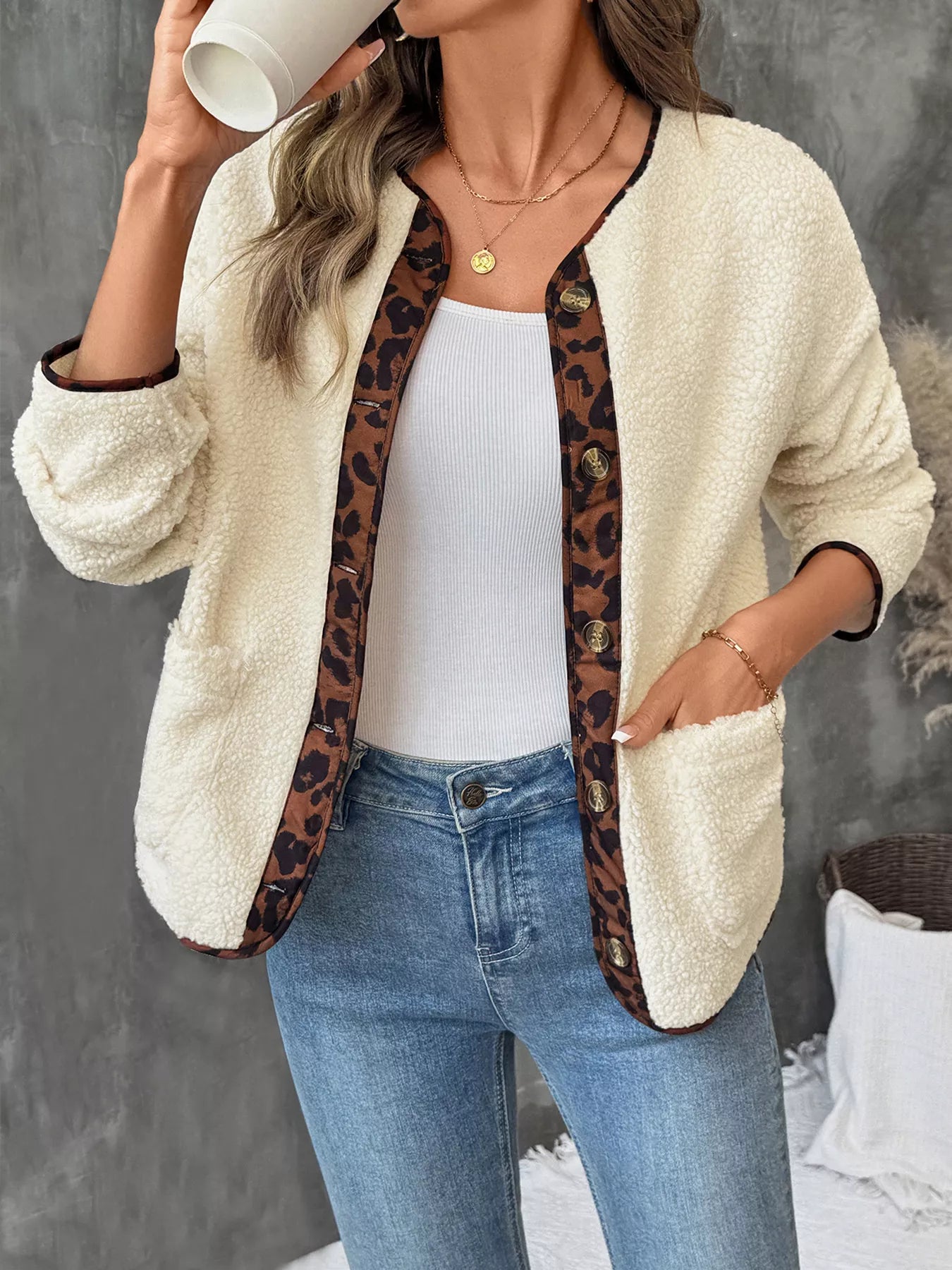 Leopard Trim Button Up Jacket