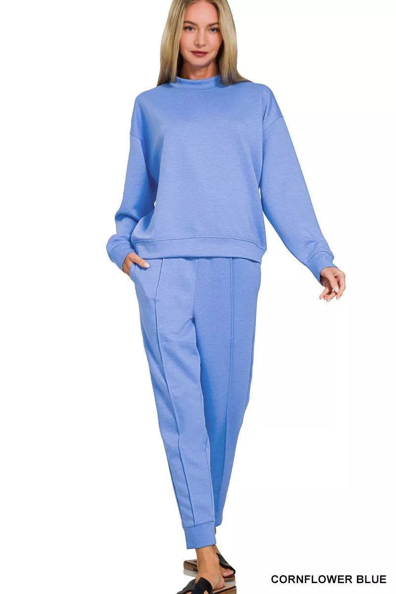Zenana Scuba Mock Neck Sweatshirt and Joggers Set