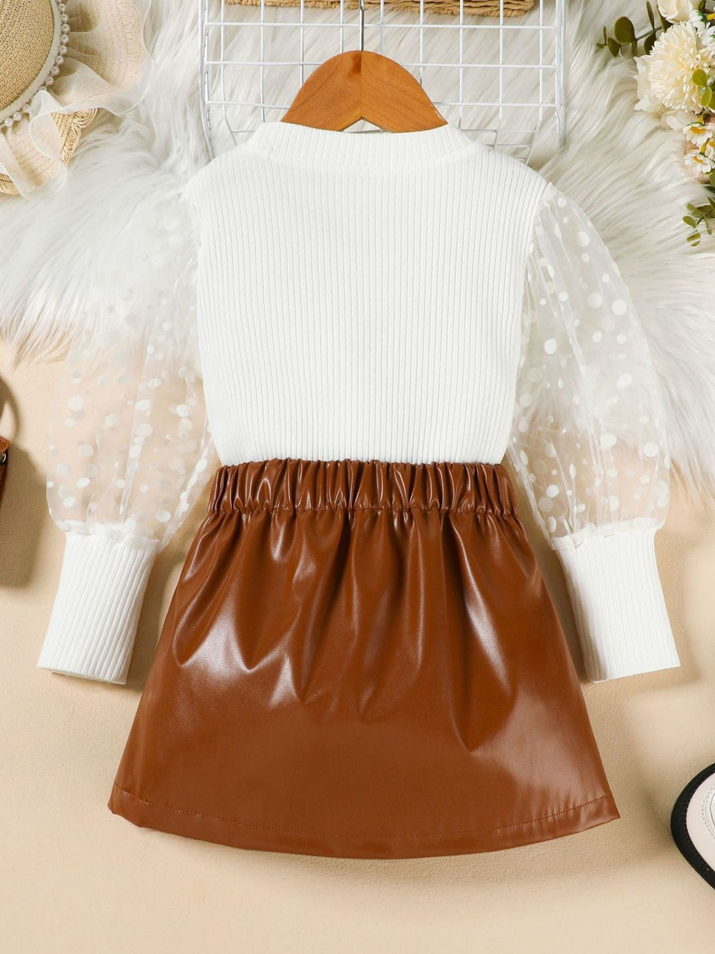Children's Polka Dot Sleeve Top & Faux Leather Skirt Set