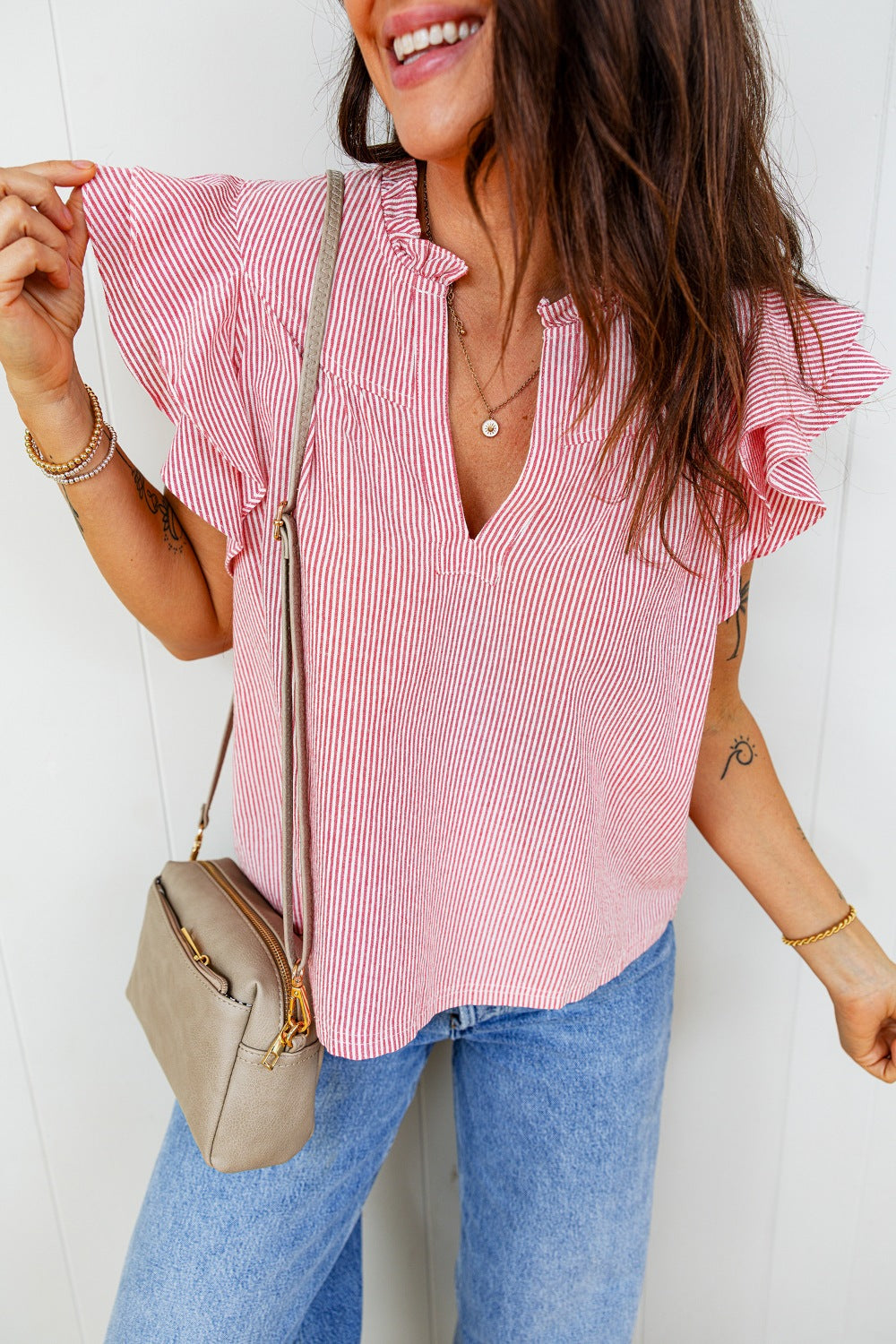 Stripe Frilly Split Neck Double Ruffled Short Sleeve Blouse