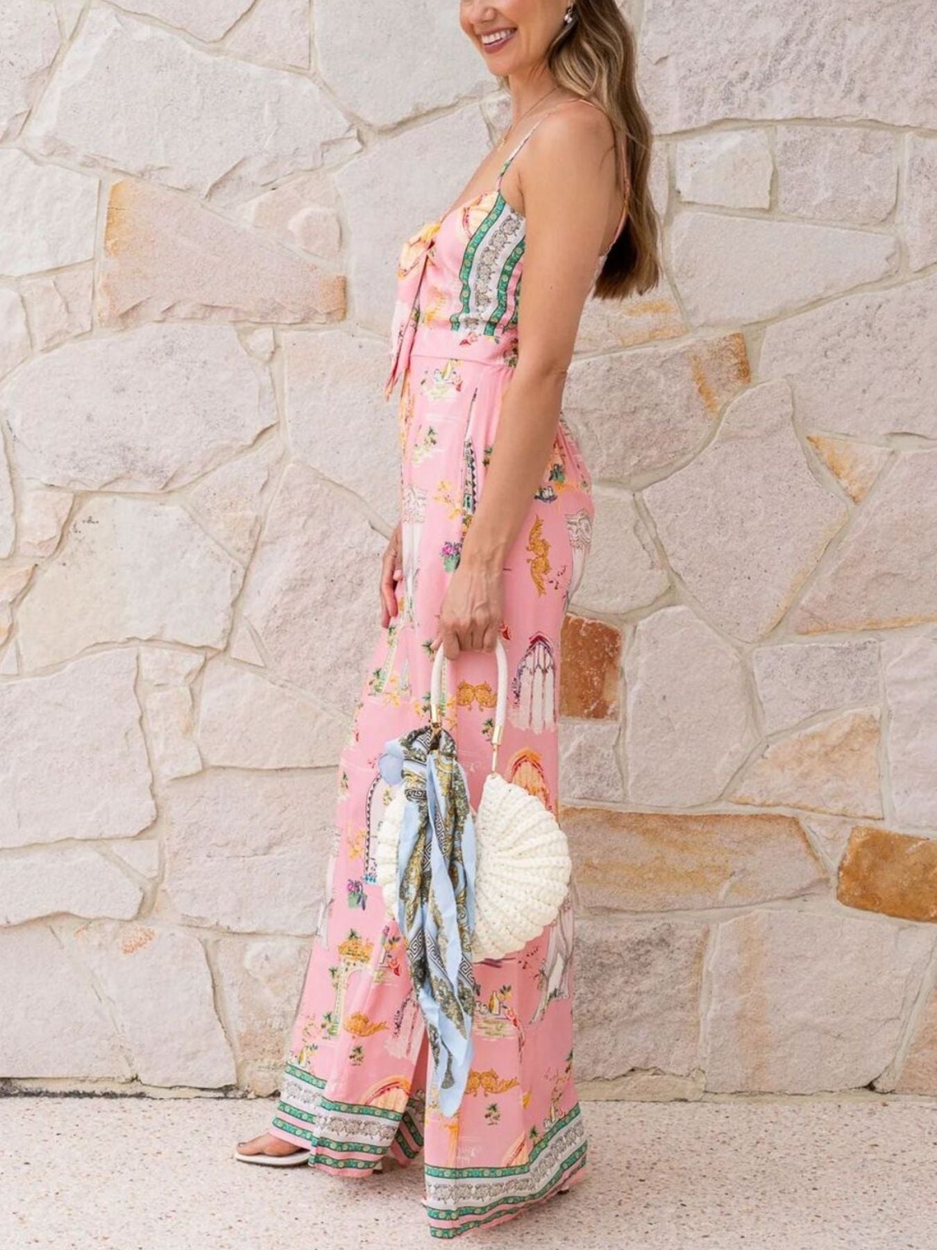 Printed Tie-Front Wide Leg Jumpsuit