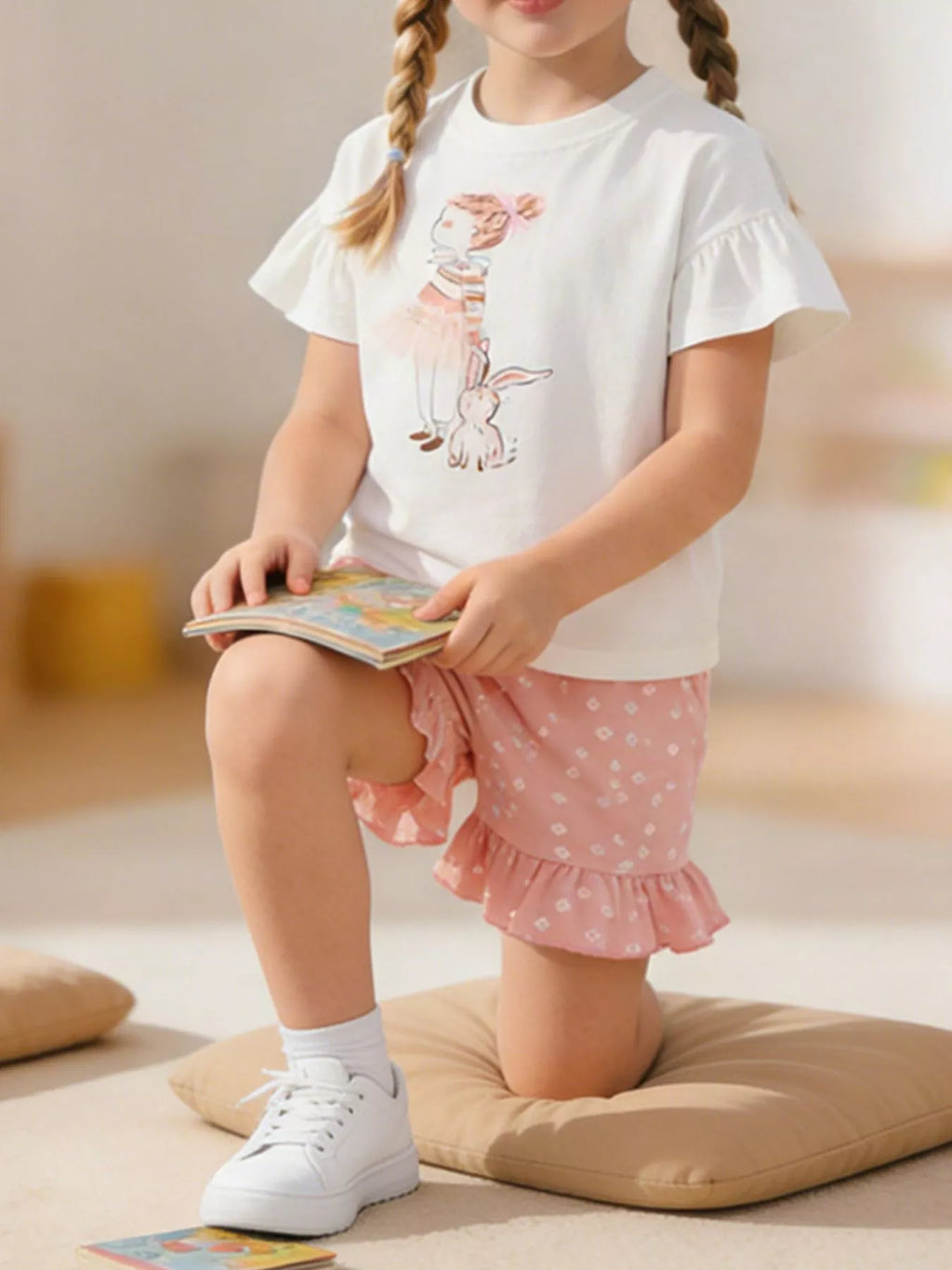 Children's Ruffled Sleeve Graphic Tee & Floral Ruffle Shorts Set