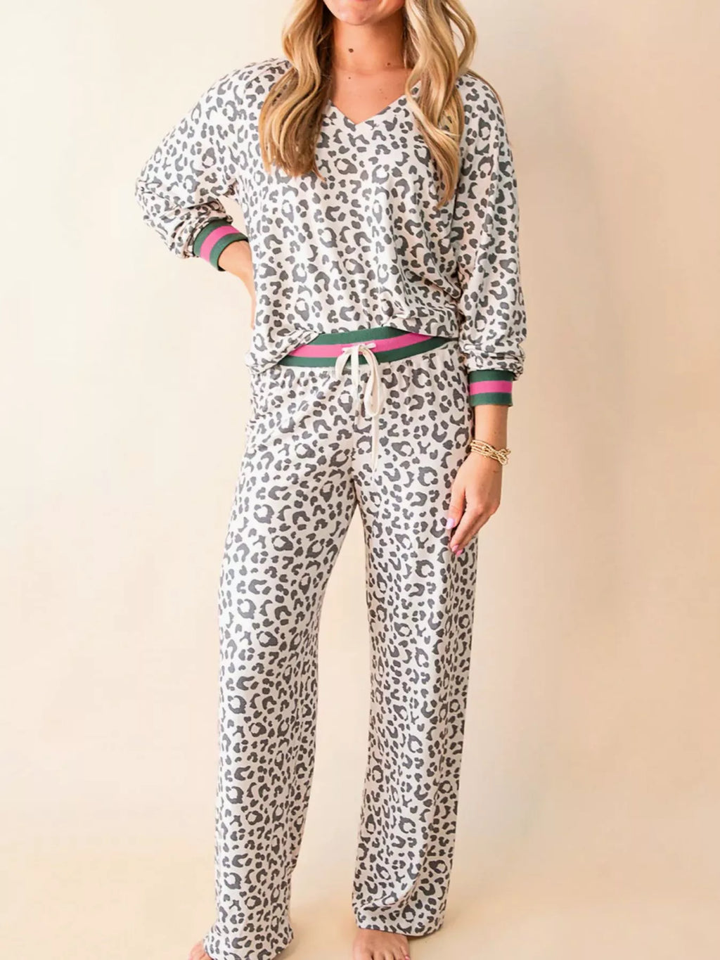 V Neck Leopard Long Sleeve Top Striped Webbing Patchwork Drawstring Pant Set