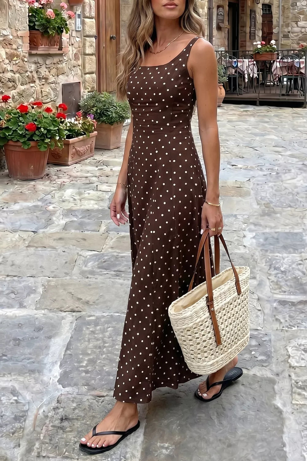 Polka Dot Print Square Neck Sleeveless Vacation Maxi Dress