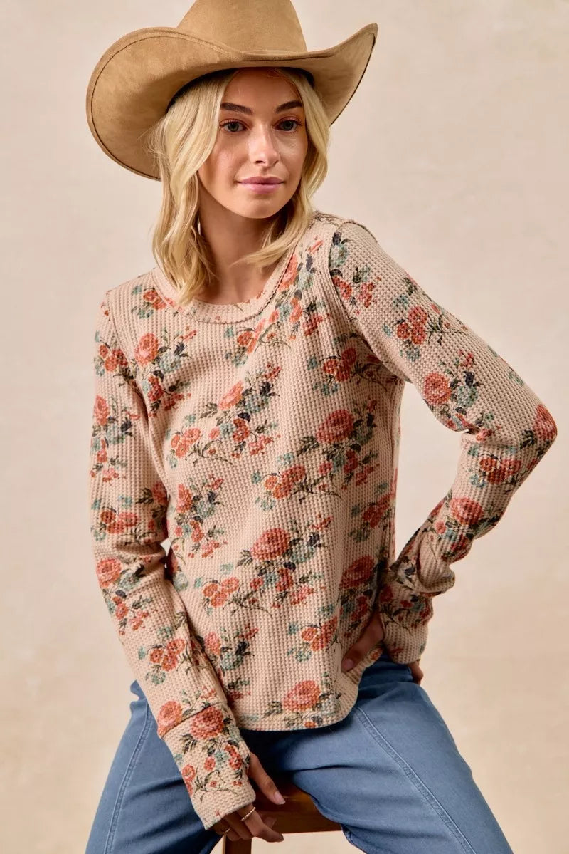 BiBi Floral Print Washed Waffle Thermal Top with Thumb