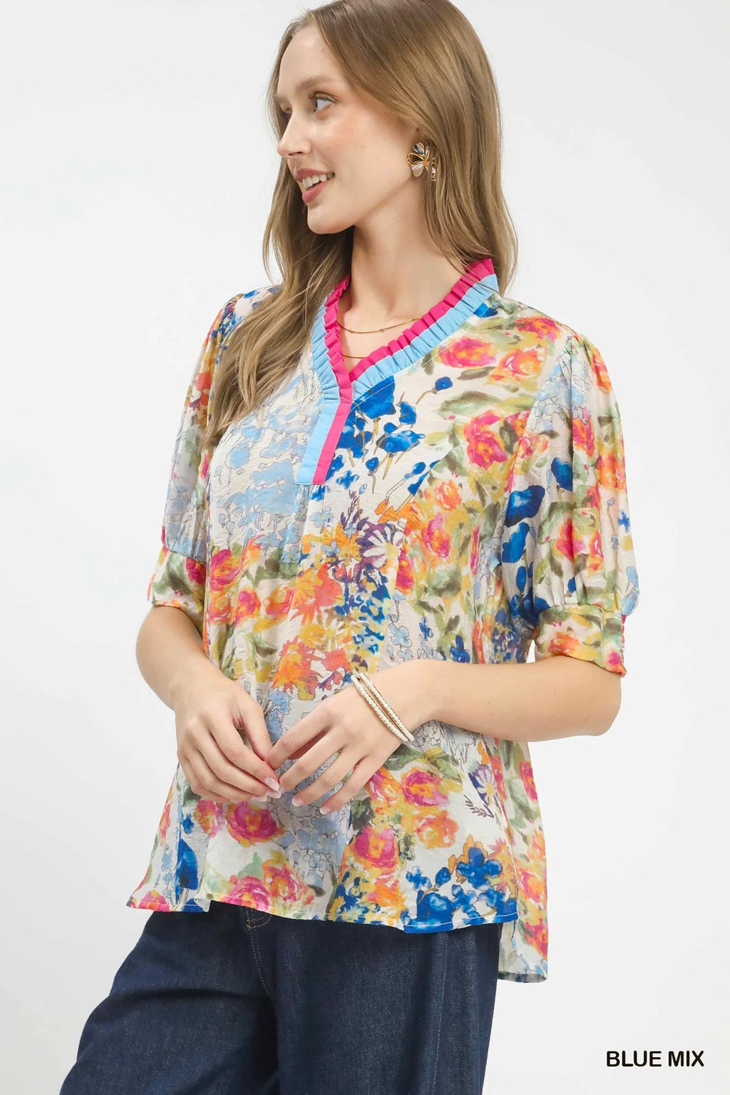 Umgee Floral Contrast Pleat Neck Top