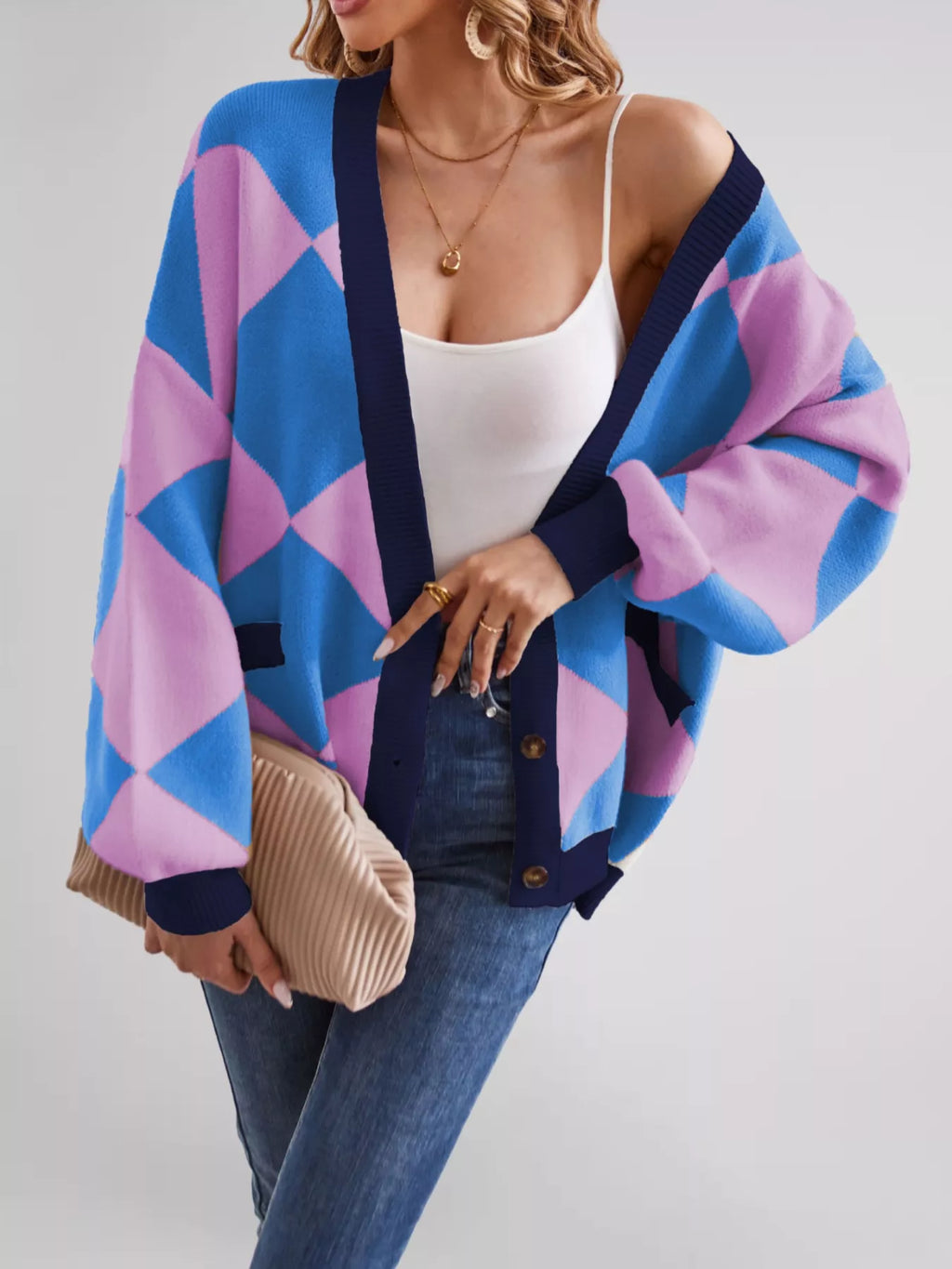 Diamond Pattern Button-Up Knit Cardigan