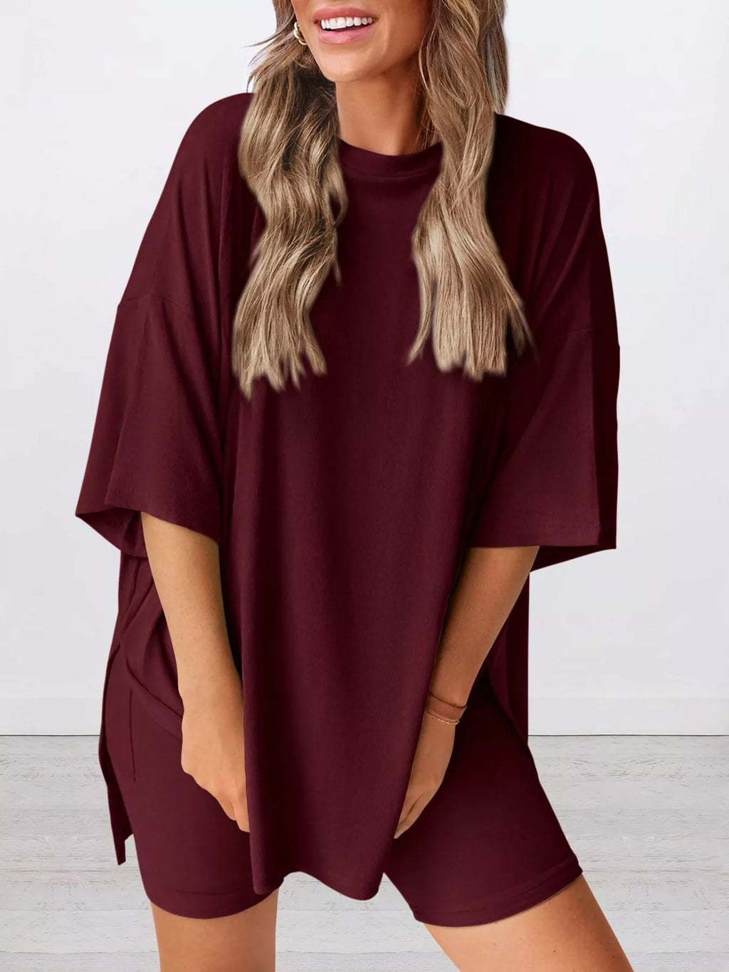 Full Size Relaxed Fit Round Neck Top and Shorts Two-Piece Set Plus Size