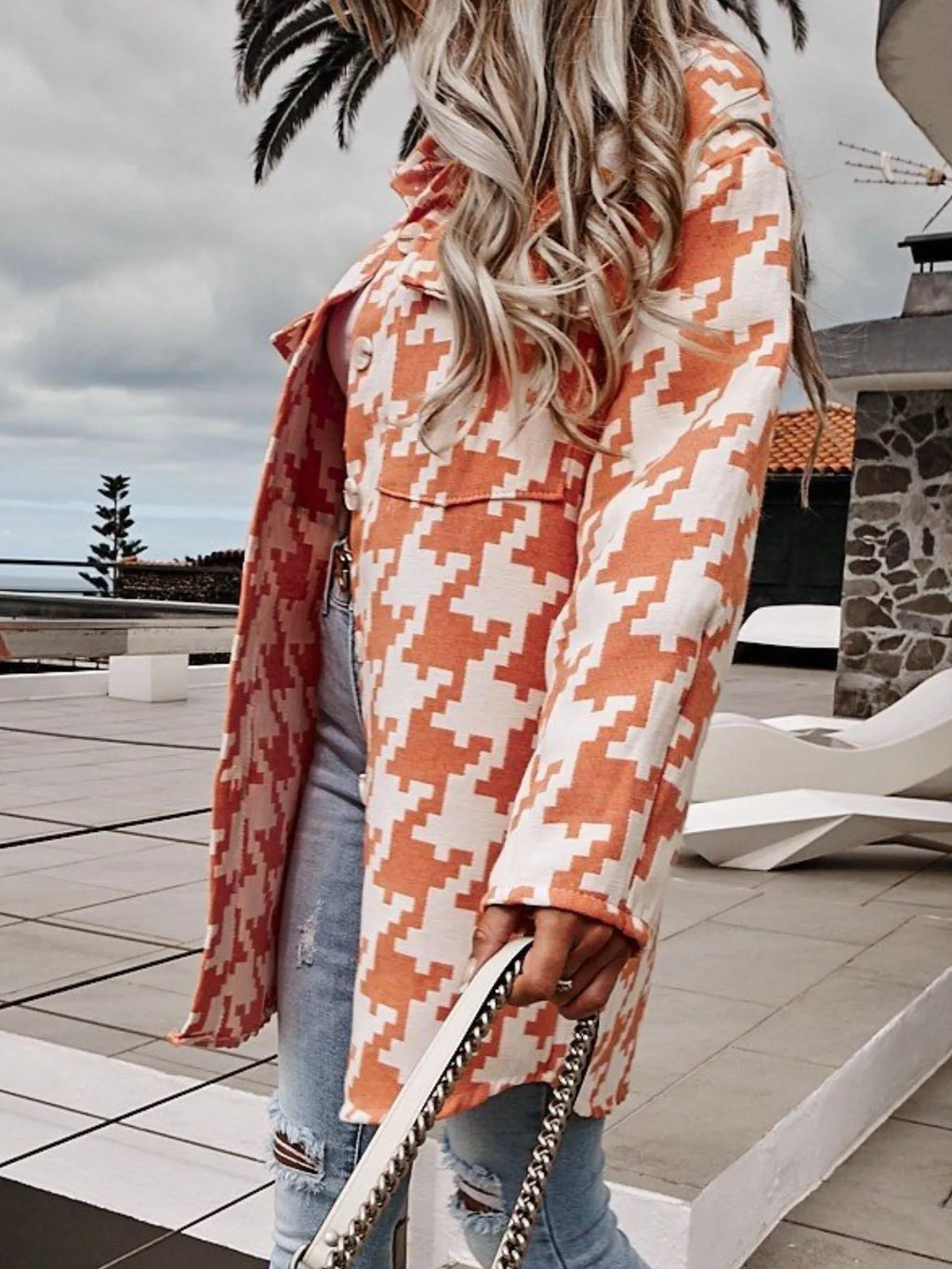 Houndstooth Button Up Long Sleeve Outerwear