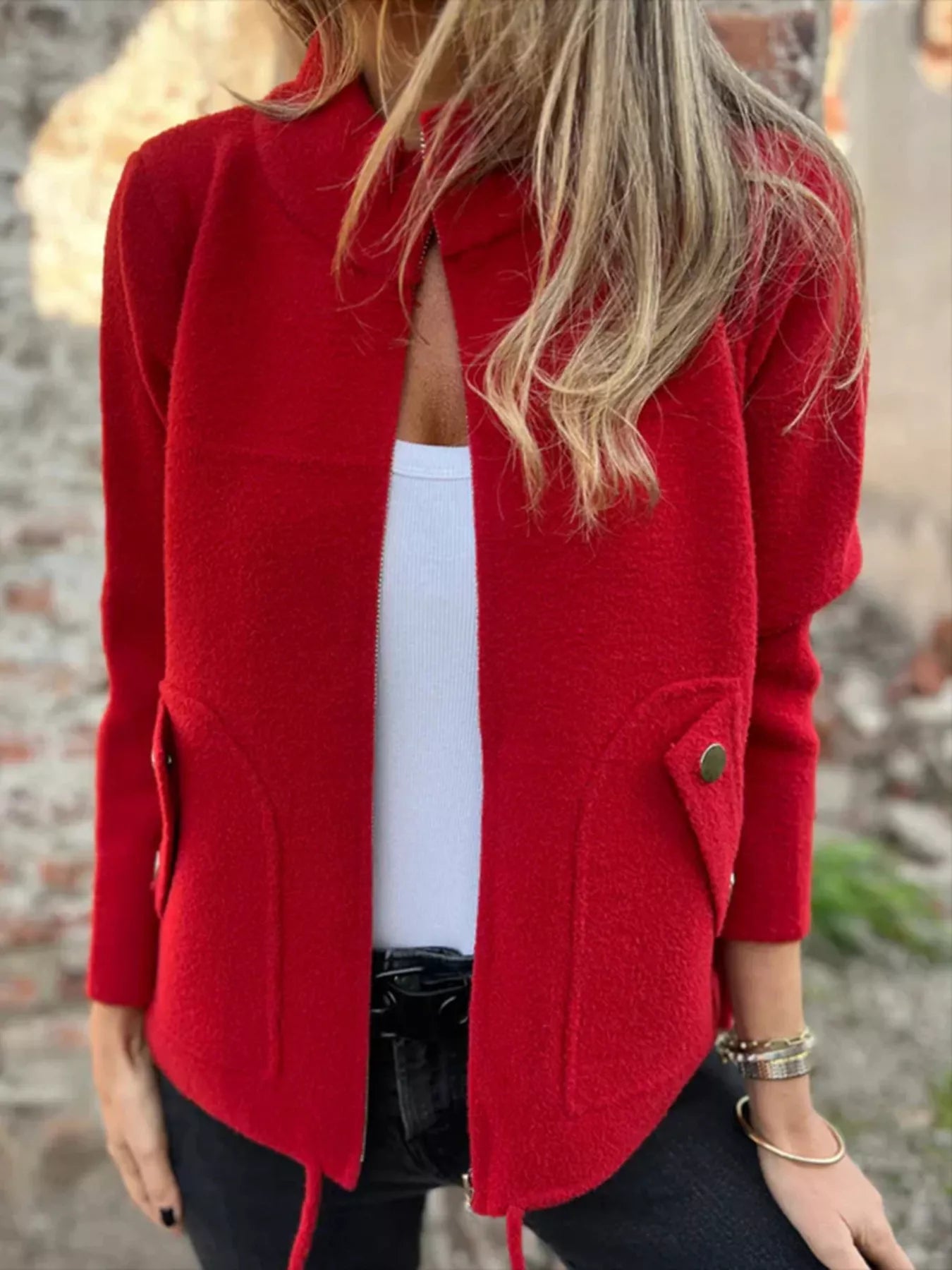 Full Size Textured Knit Zip Up Outerwear Plus Size