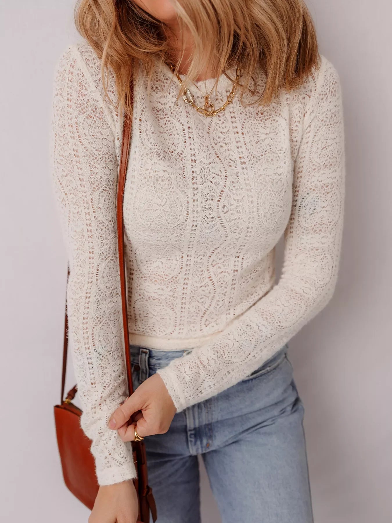 Sheer Lace Long Sleeve Cropped Top
