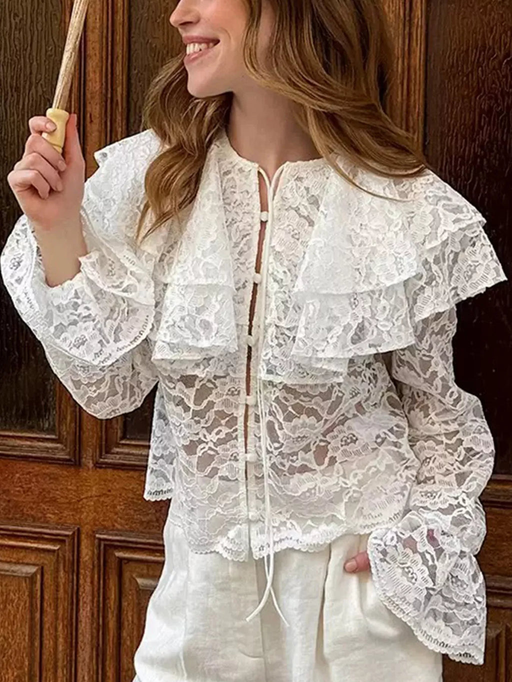 Ruffled Lace Flounce Sleeve Blouse