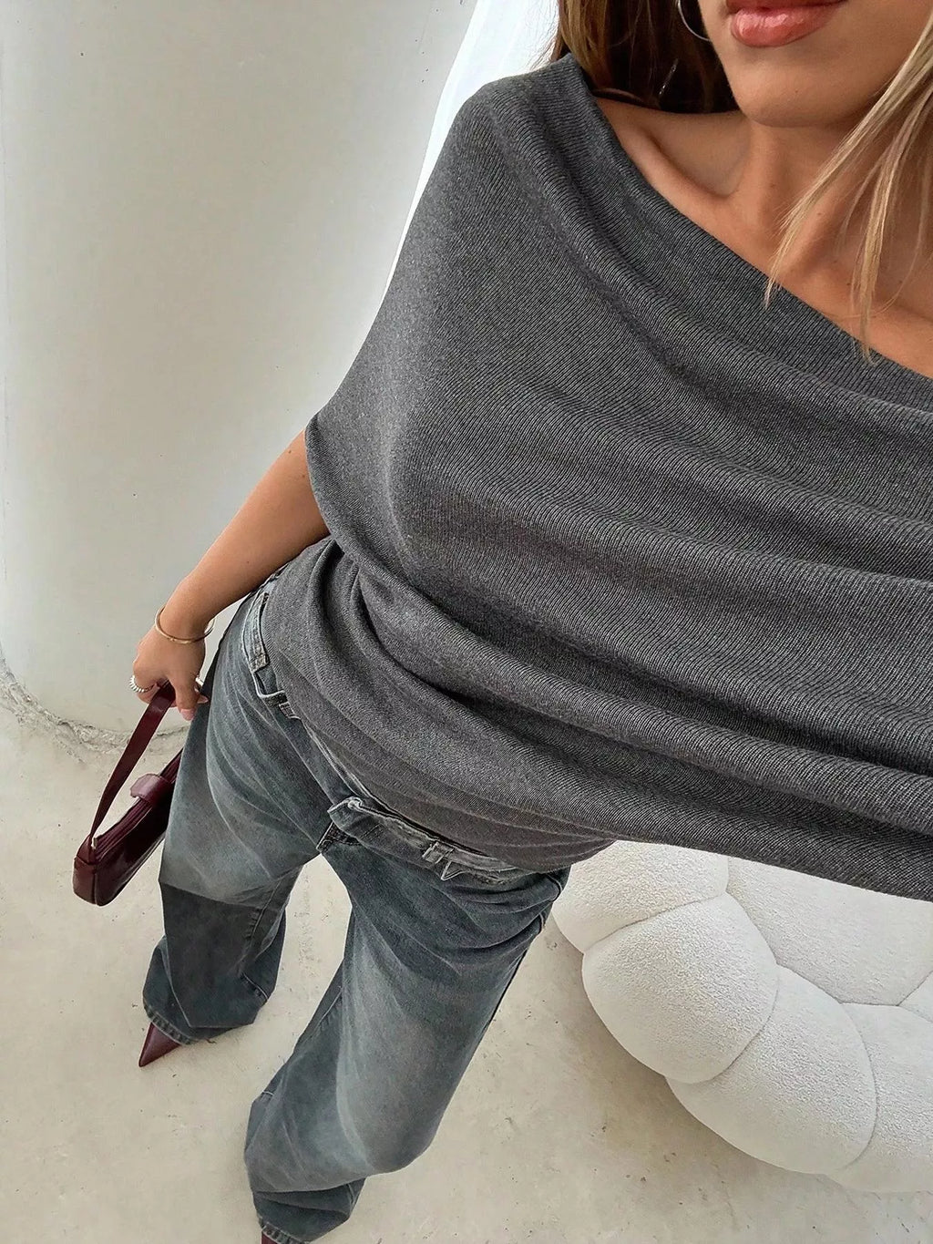 Off-Shoulder Ruched Knit T-Shirt